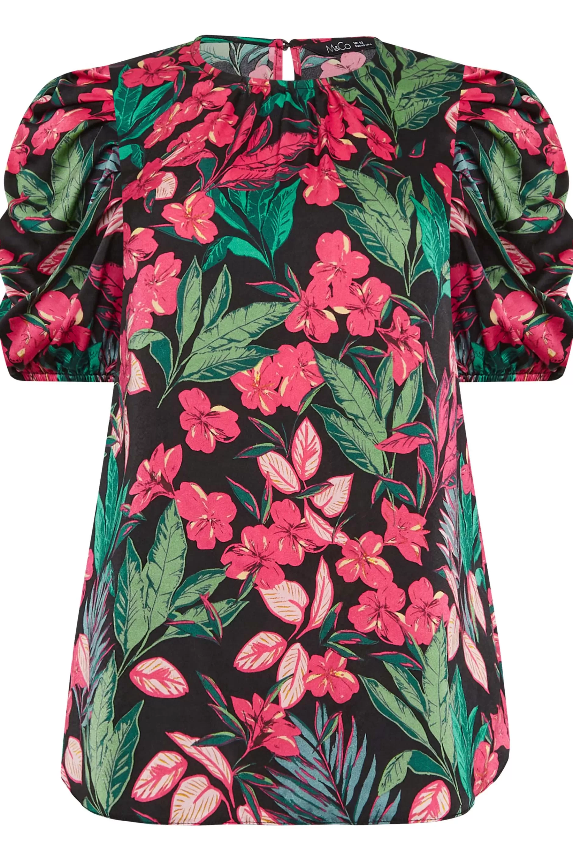 Women M&Co Short Sleeve Tops> Womens Black Floral Print Puff Sleeve Blouse