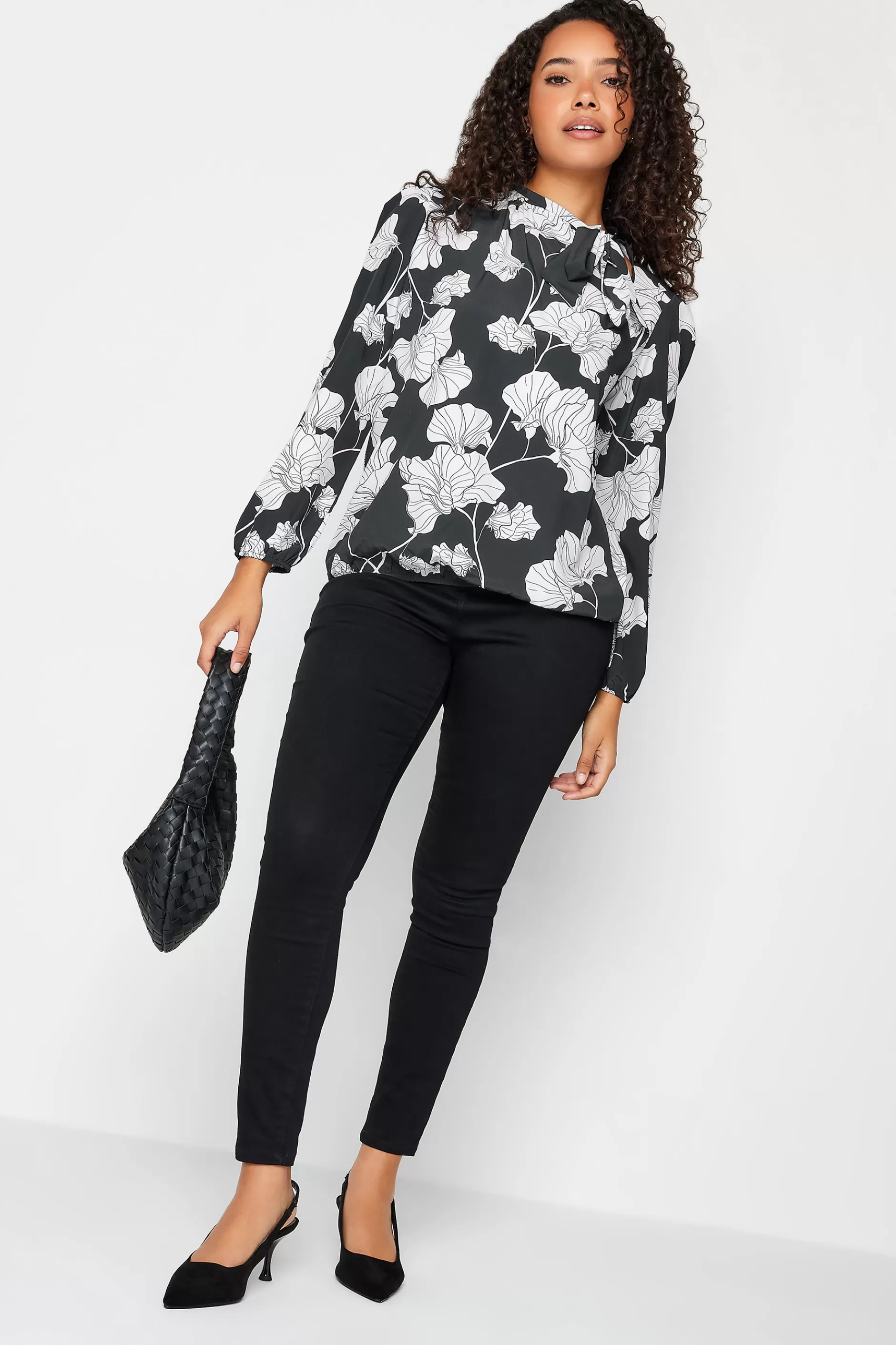 Women M&Co Blouses> Womens Black Floral Print Tie Neck Bubble Hem Blouse
