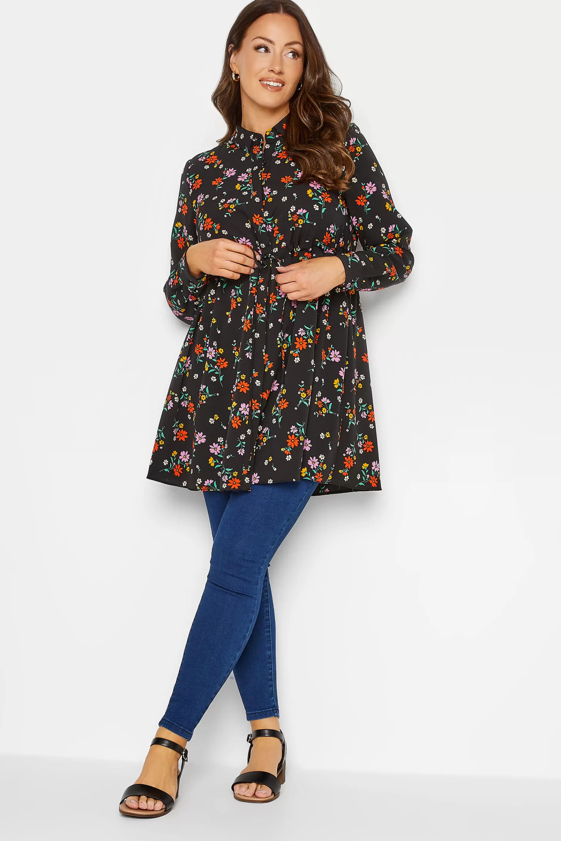 Women M&Co Shirts> Womens Black Floral Print Tie Waist Tunic Shirt
