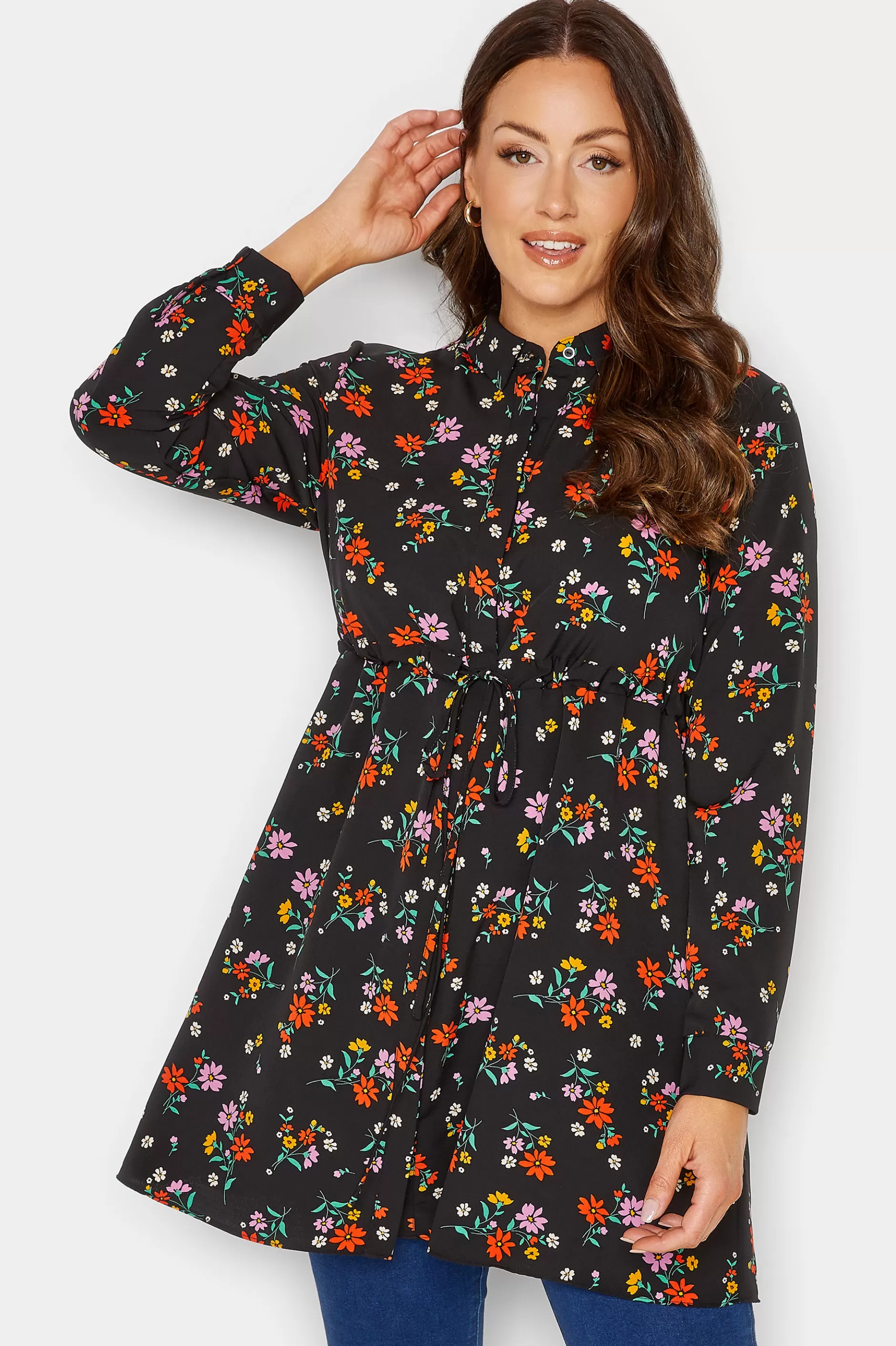 Women M&Co Shirts> Womens Black Floral Print Tie Waist Tunic Shirt