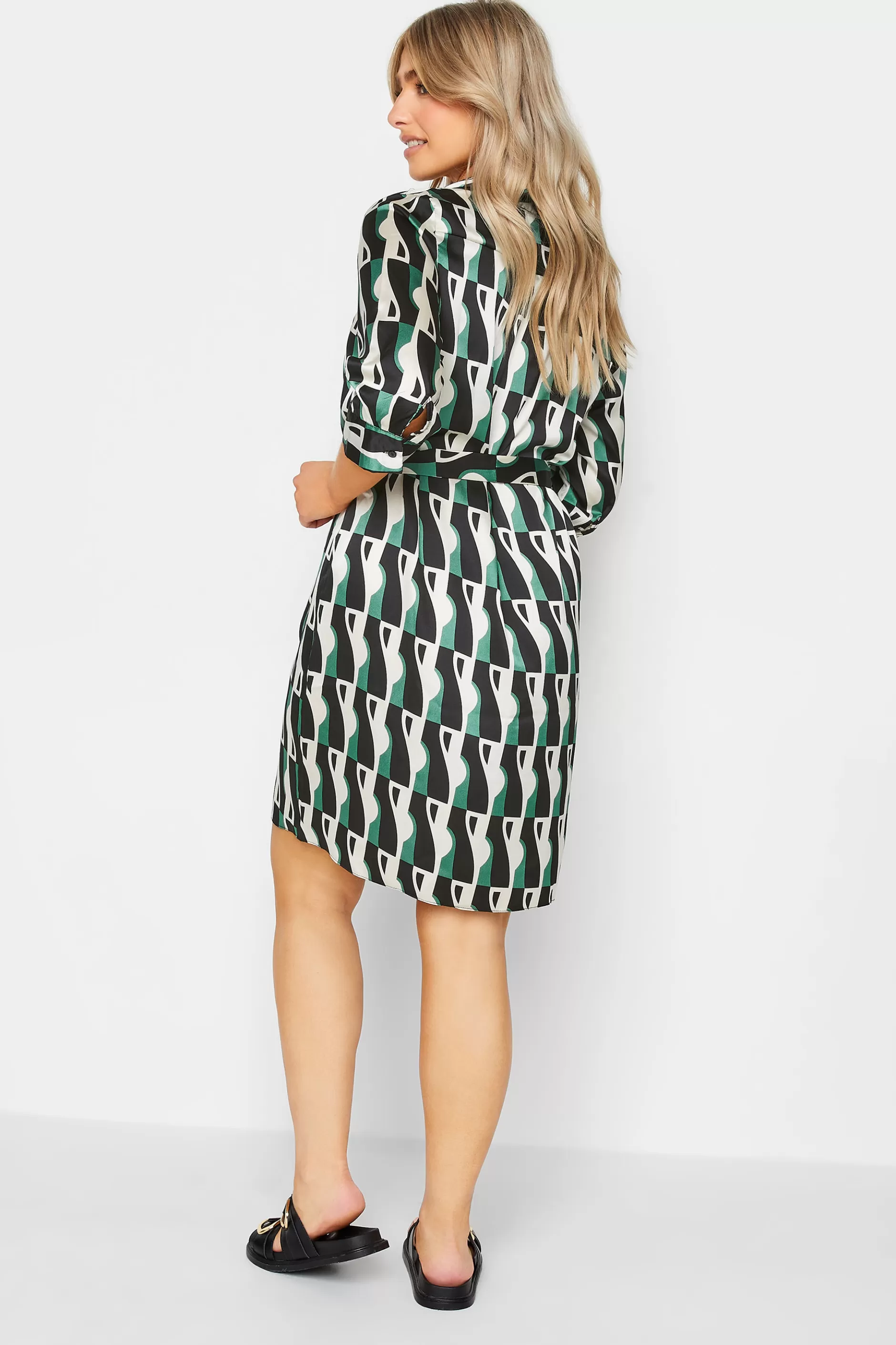 Women M&Co Shirt Dresses> Womens Black Geometric Print Tie Tunic Shirt Dress
