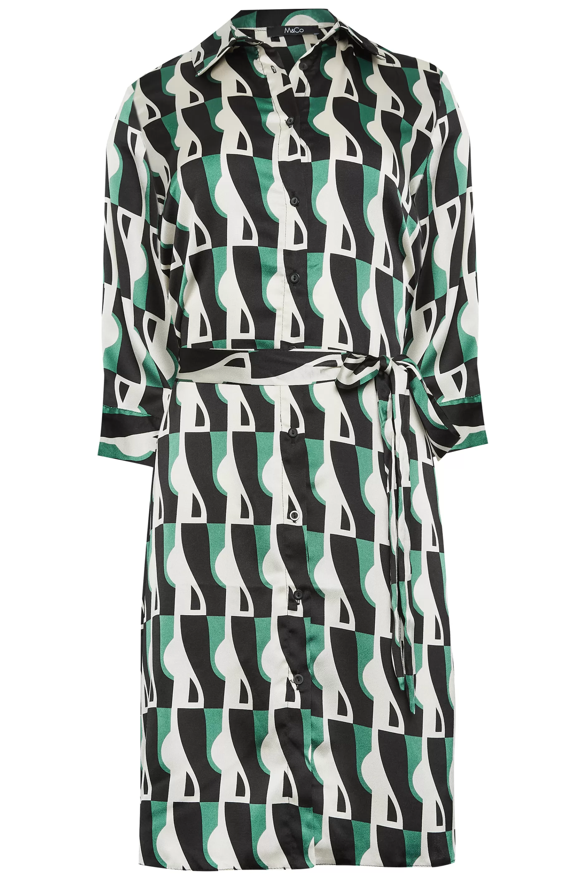 Women M&Co Shirt Dresses> Womens Black Geometric Print Tie Tunic Shirt Dress