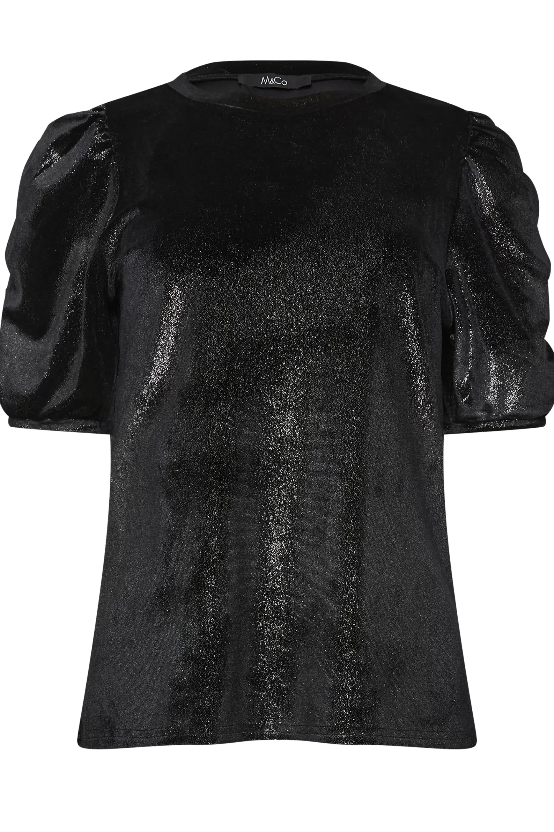 Women M&Co Blouses> Womens Black Glitter Velvet Touch Ruched Sleeve Blouse
