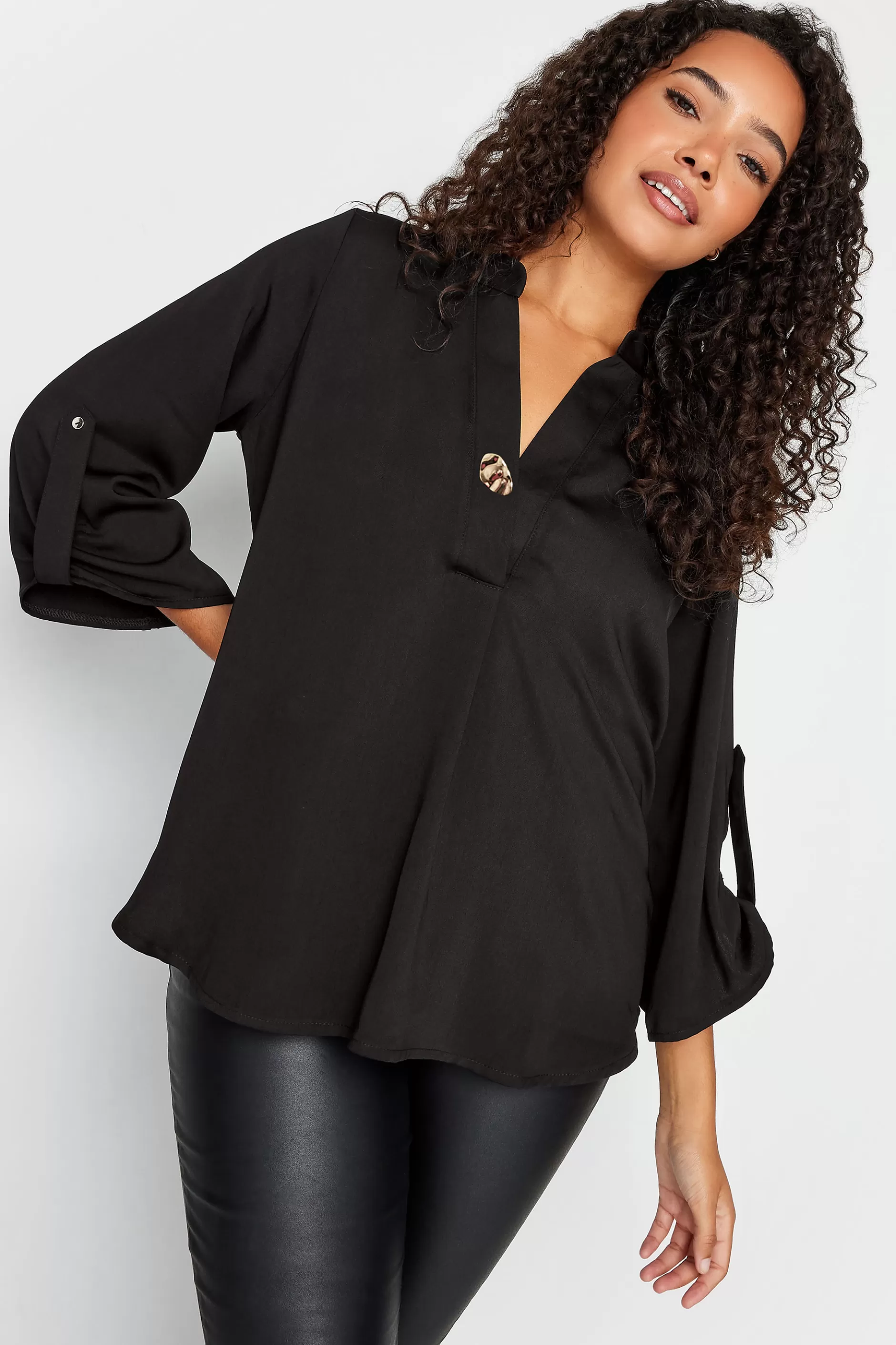 Women M&Co Shirts> Womens Black Gold Statement Button Tab Sleeve Shirt
