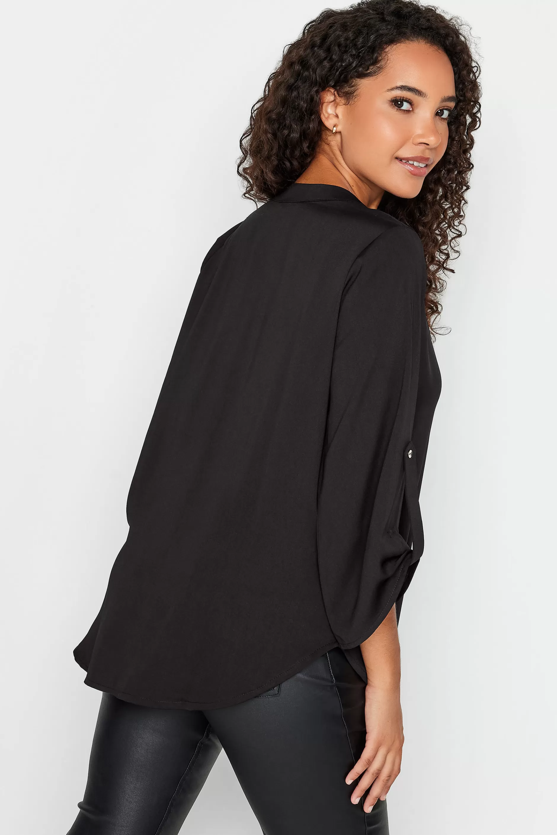 Women M&Co Shirts> Womens Black Gold Statement Button Tab Sleeve Shirt