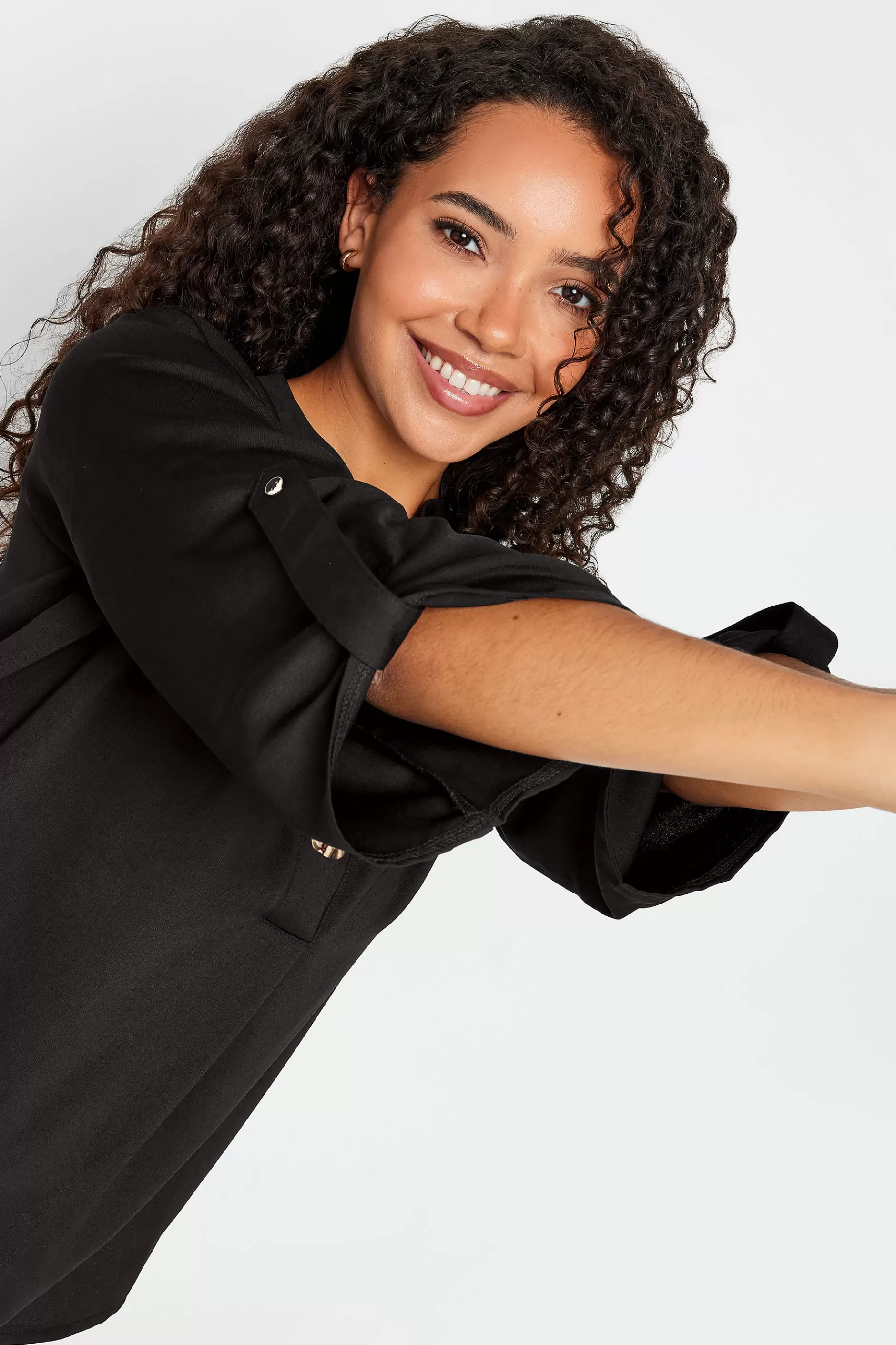 Women M&Co Shirts> Womens Black Gold Statement Button Tab Sleeve Shirt
