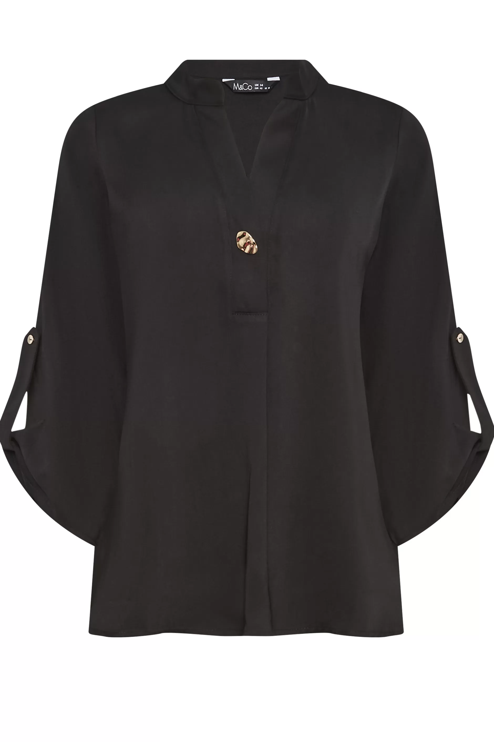 Women M&Co Shirts> Womens Black Gold Statement Button Tab Sleeve Shirt