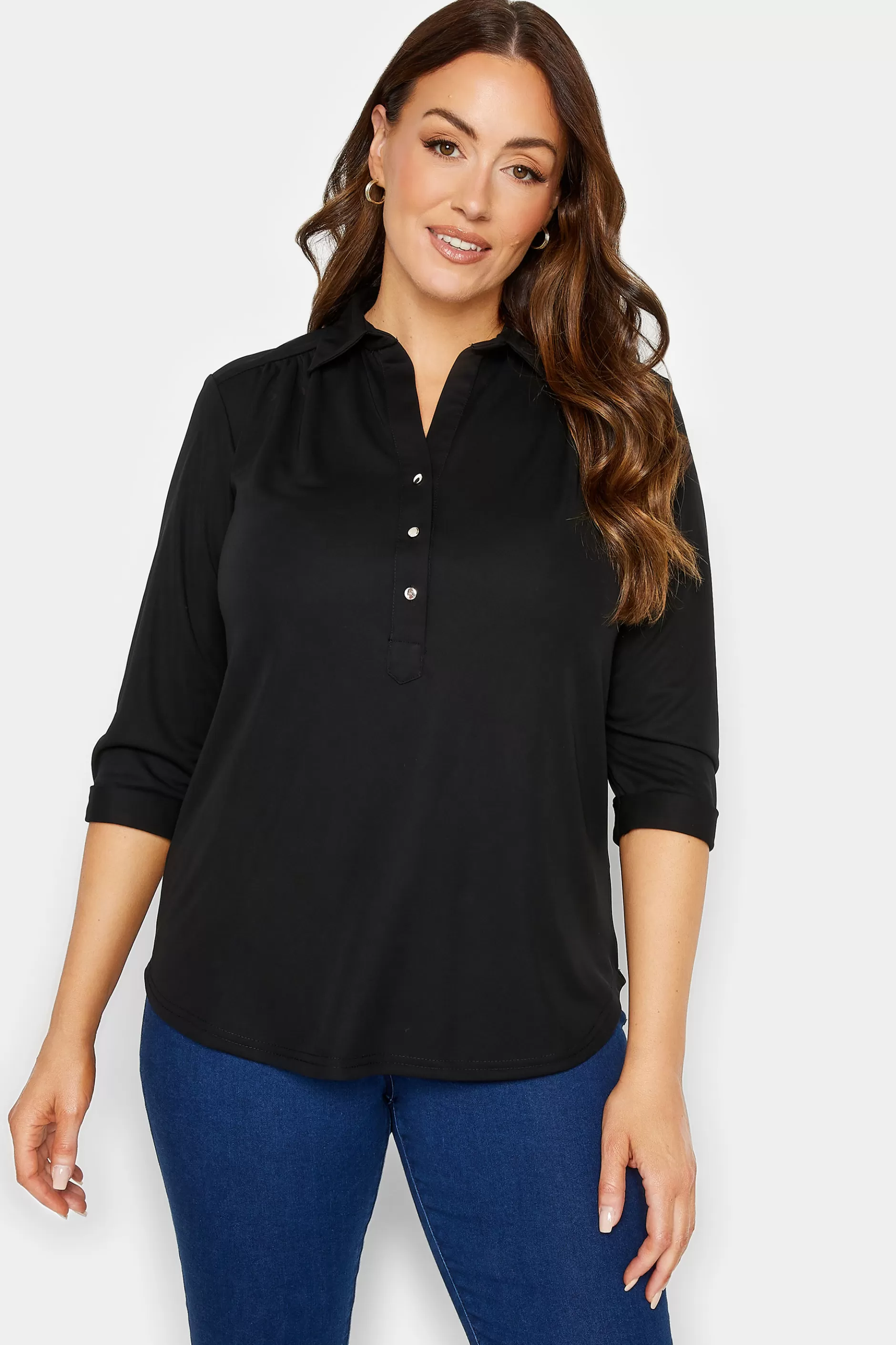 Women M&Co Shirts> Womens Black Half Placket Jersey Open Collar Shirt