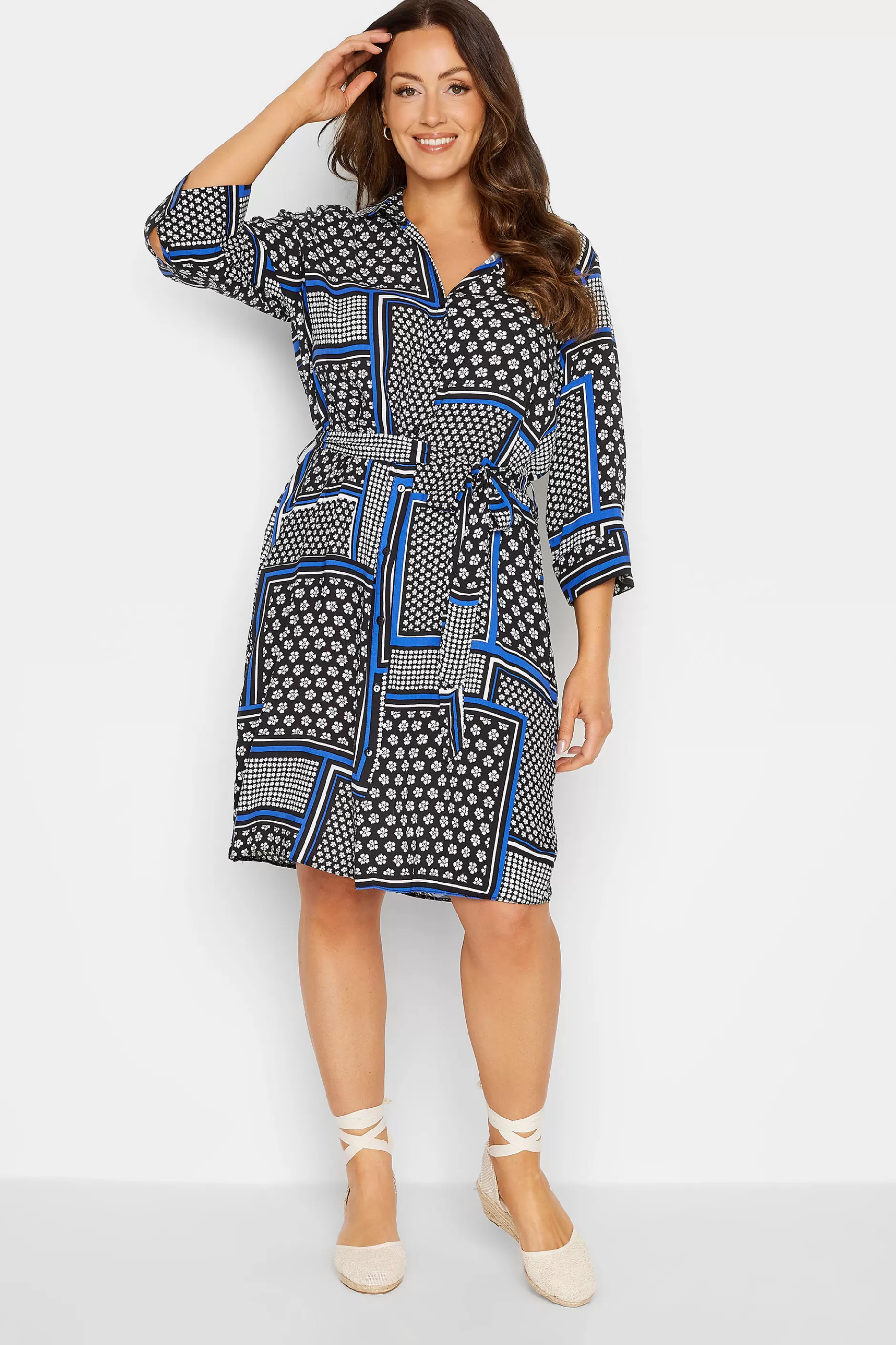 Women M&Co Shirt Dresses> Womens Black Patchwork Print Belted Tunic Shirt Dress