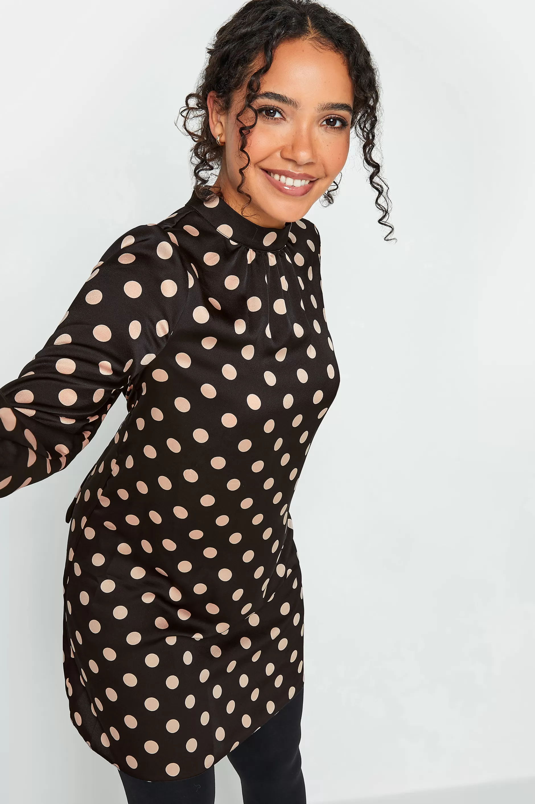Women M&Co Long Sleeve Tops> Womens Black Polka Dot Print High Neck Tunic Blouse