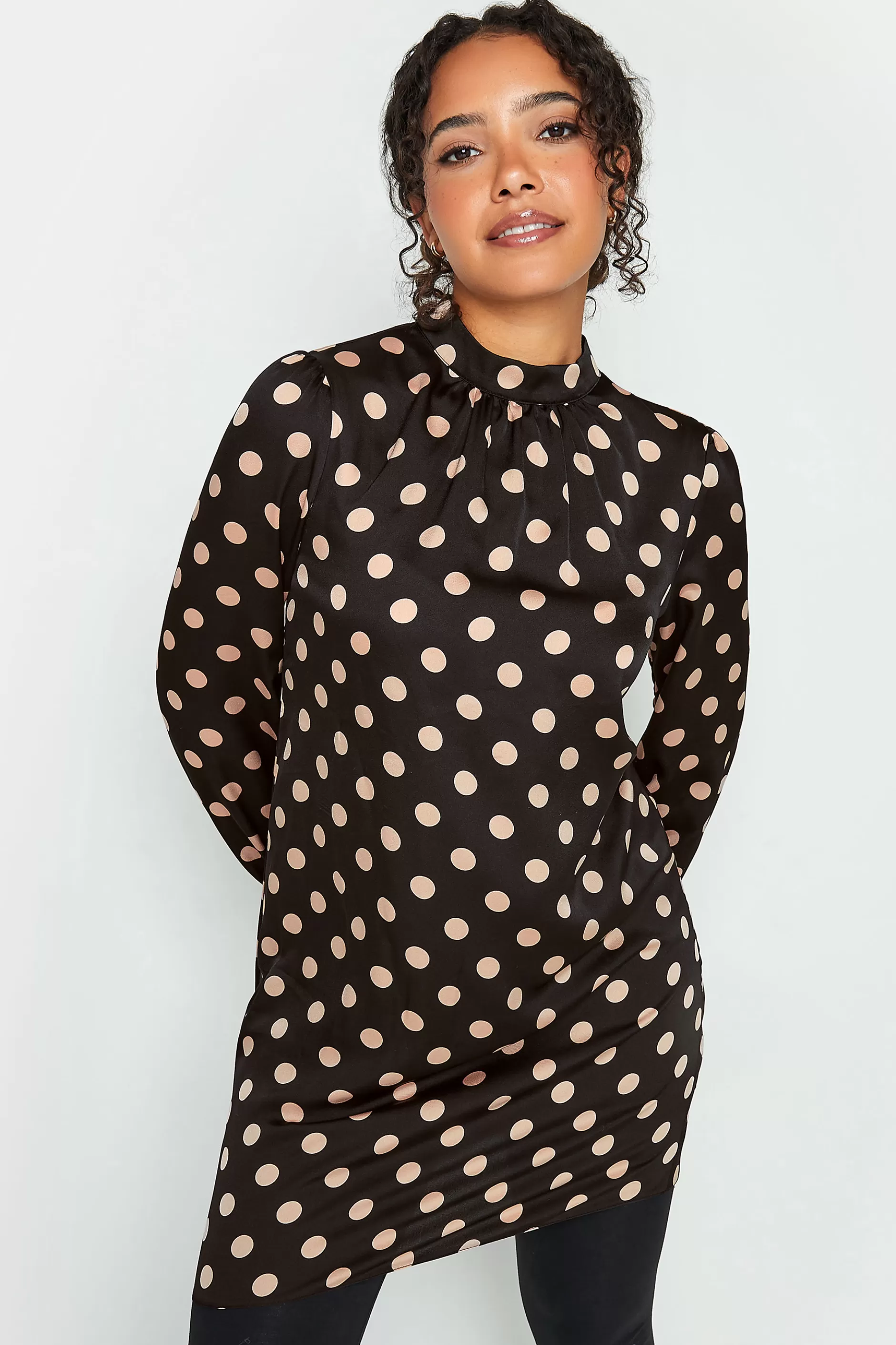 Women M&Co Long Sleeve Tops> Womens Black Polka Dot Print High Neck Tunic Blouse