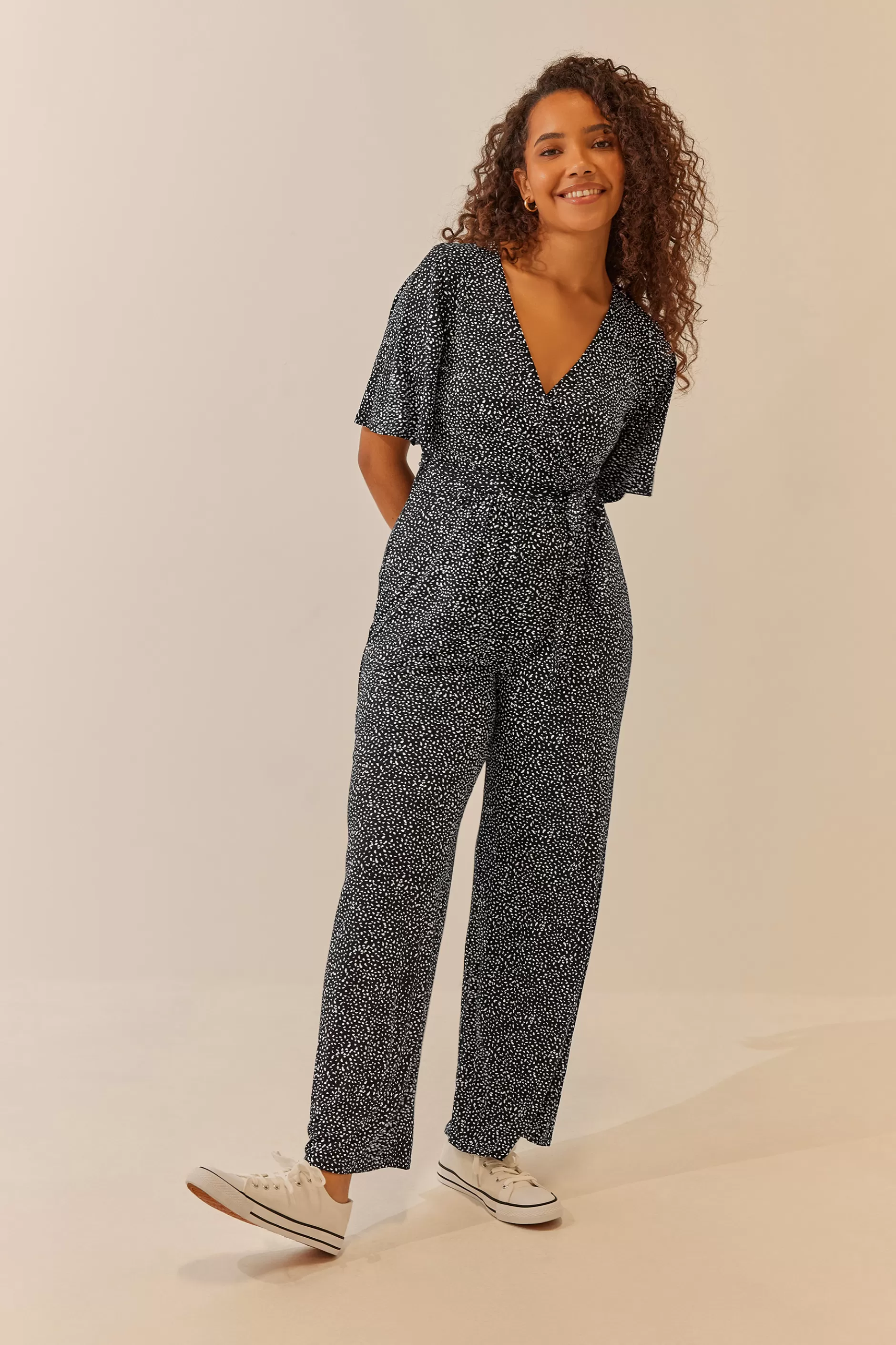 Women M&Co Maxi Dresses> Womens Black Spot Print Wrap Wide Leg Jumpsuit
