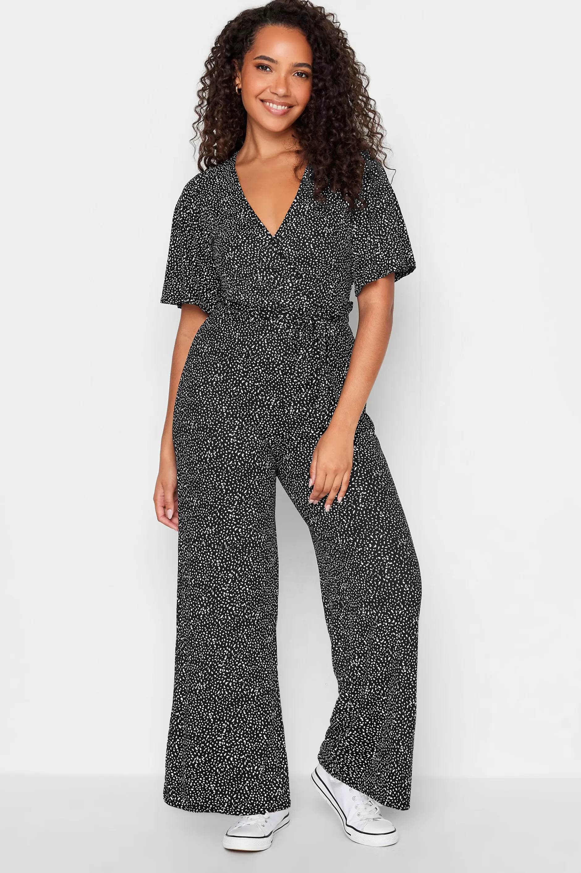 Women M&Co Maxi Dresses> Womens Black Spot Print Wrap Wide Leg Jumpsuit