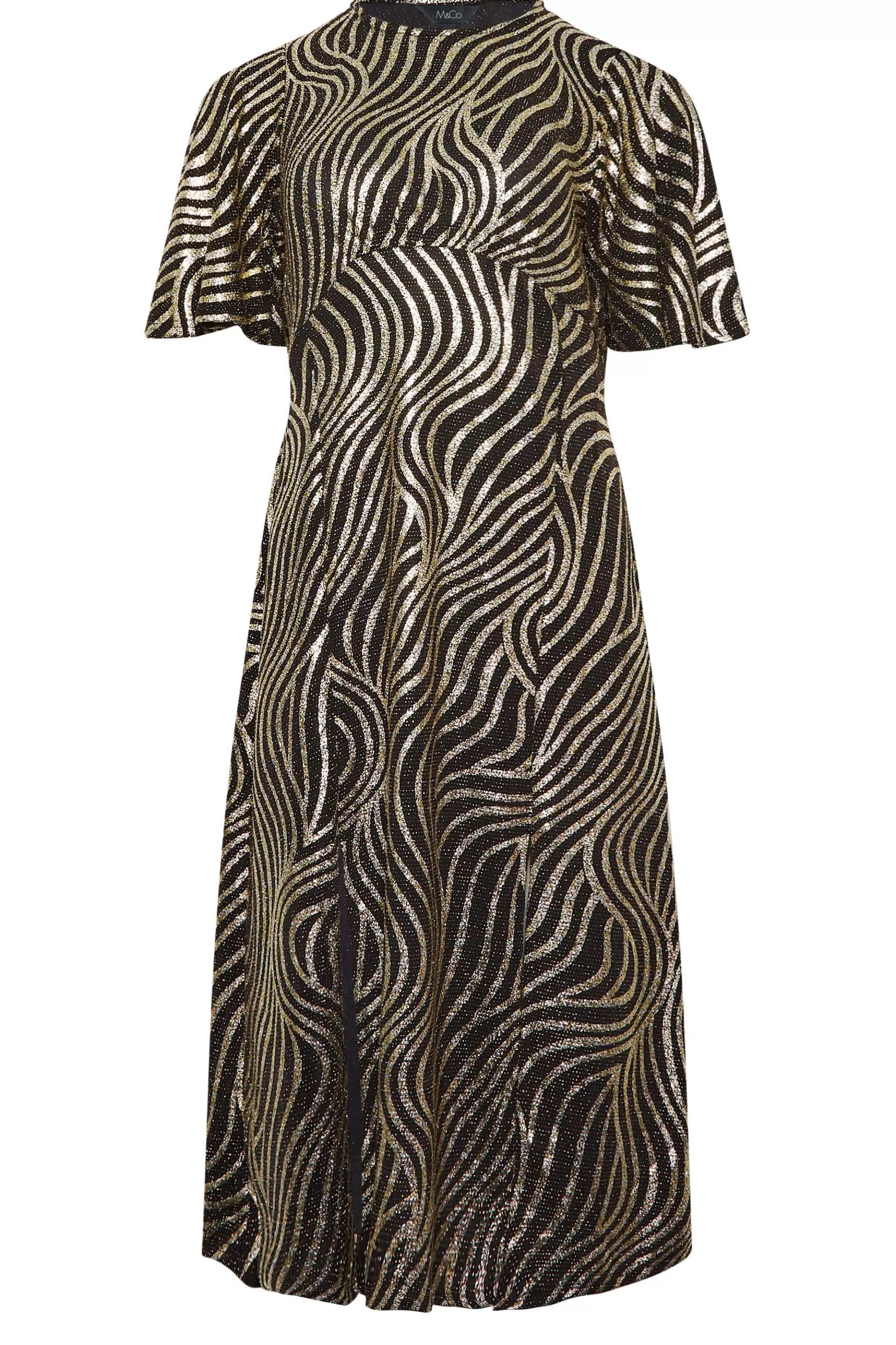 Women M&Co Wedding Guest Dresses> Womens Black Swirl Print Angel Sleeve Split Hem Midi Dress
