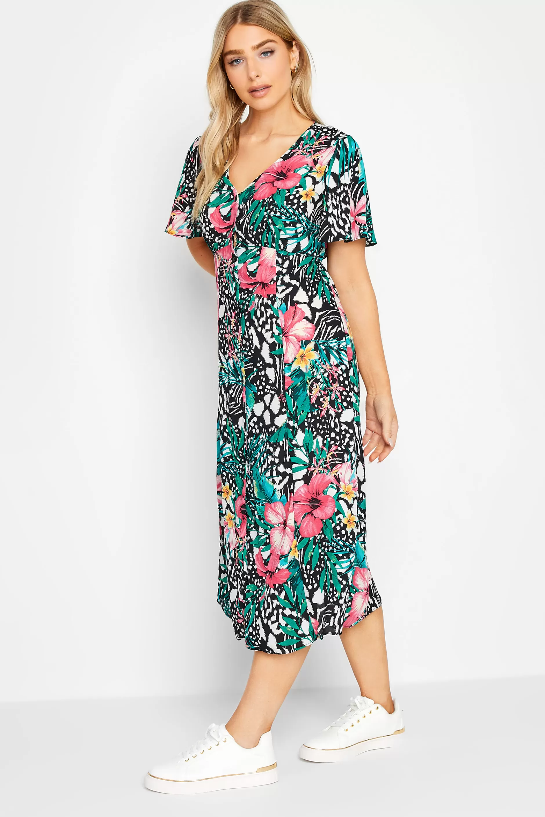 Women M&Co Midi Dresses> Womens Black Tropical Mixed Print Midi Tea Dress