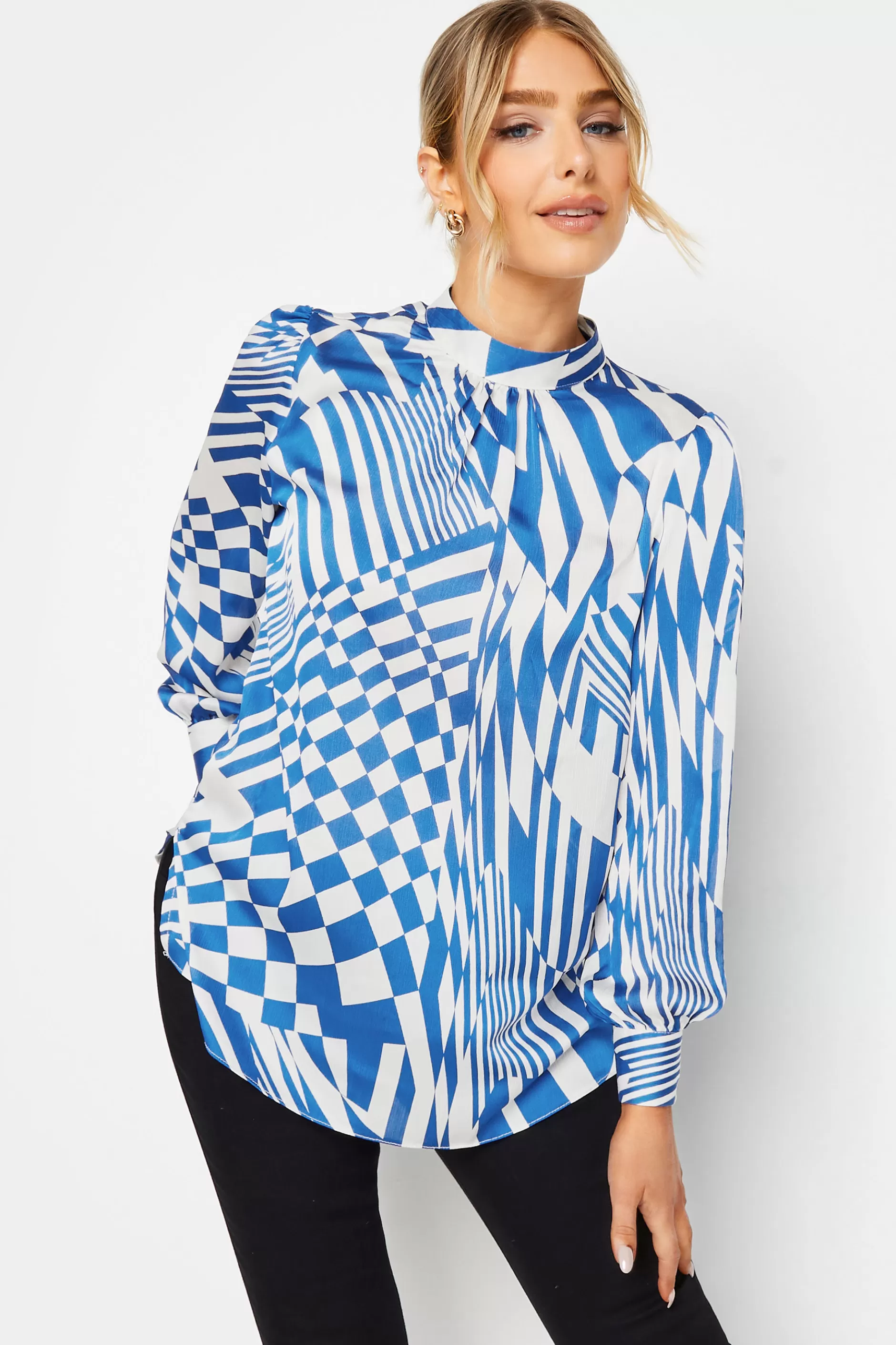 Women M&Co Long Sleeve Tops> Womens Blue Abstract Print High Neck Satin Blouse