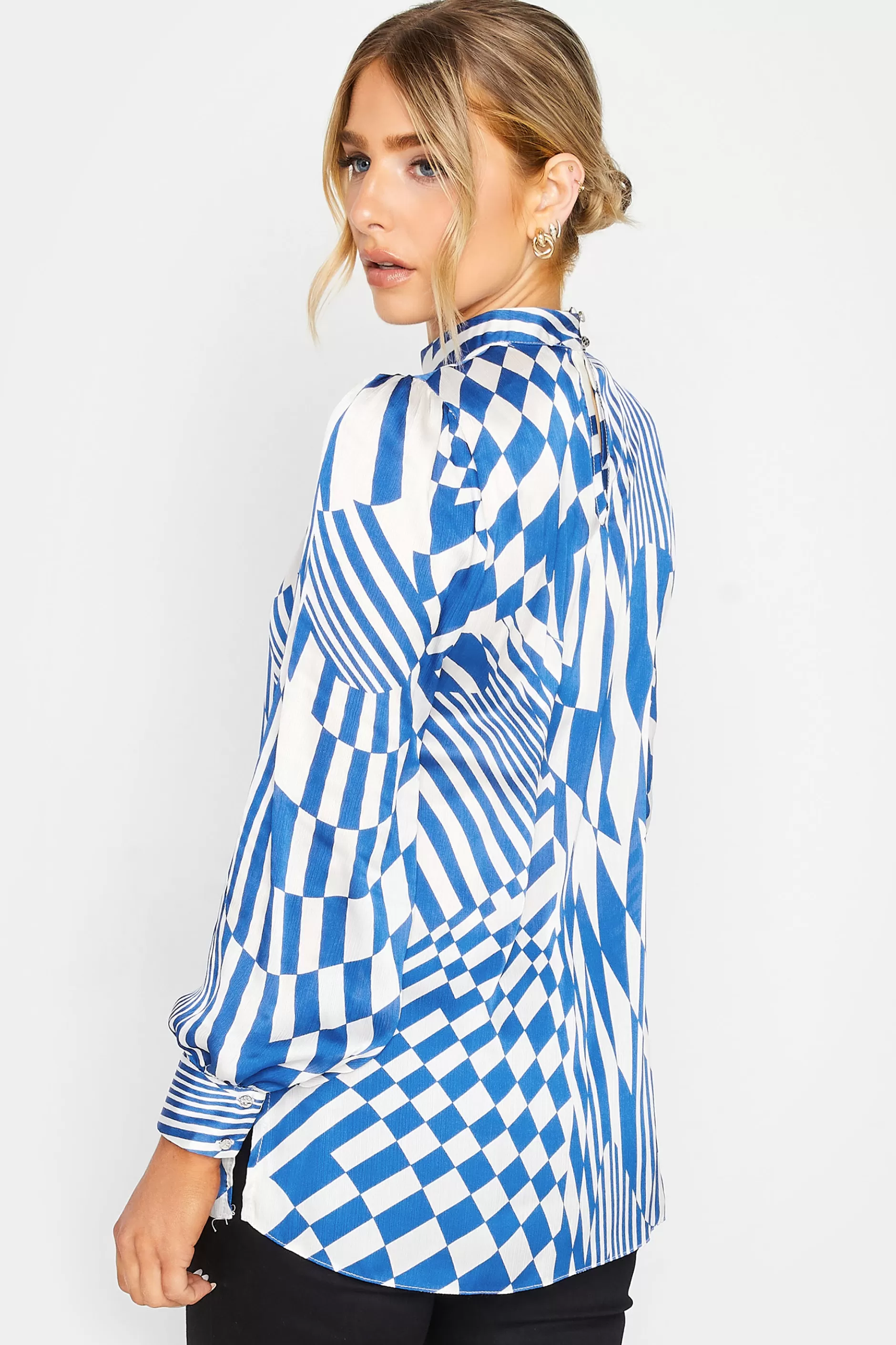 Women M&Co Long Sleeve Tops> Womens Blue Abstract Print High Neck Satin Blouse