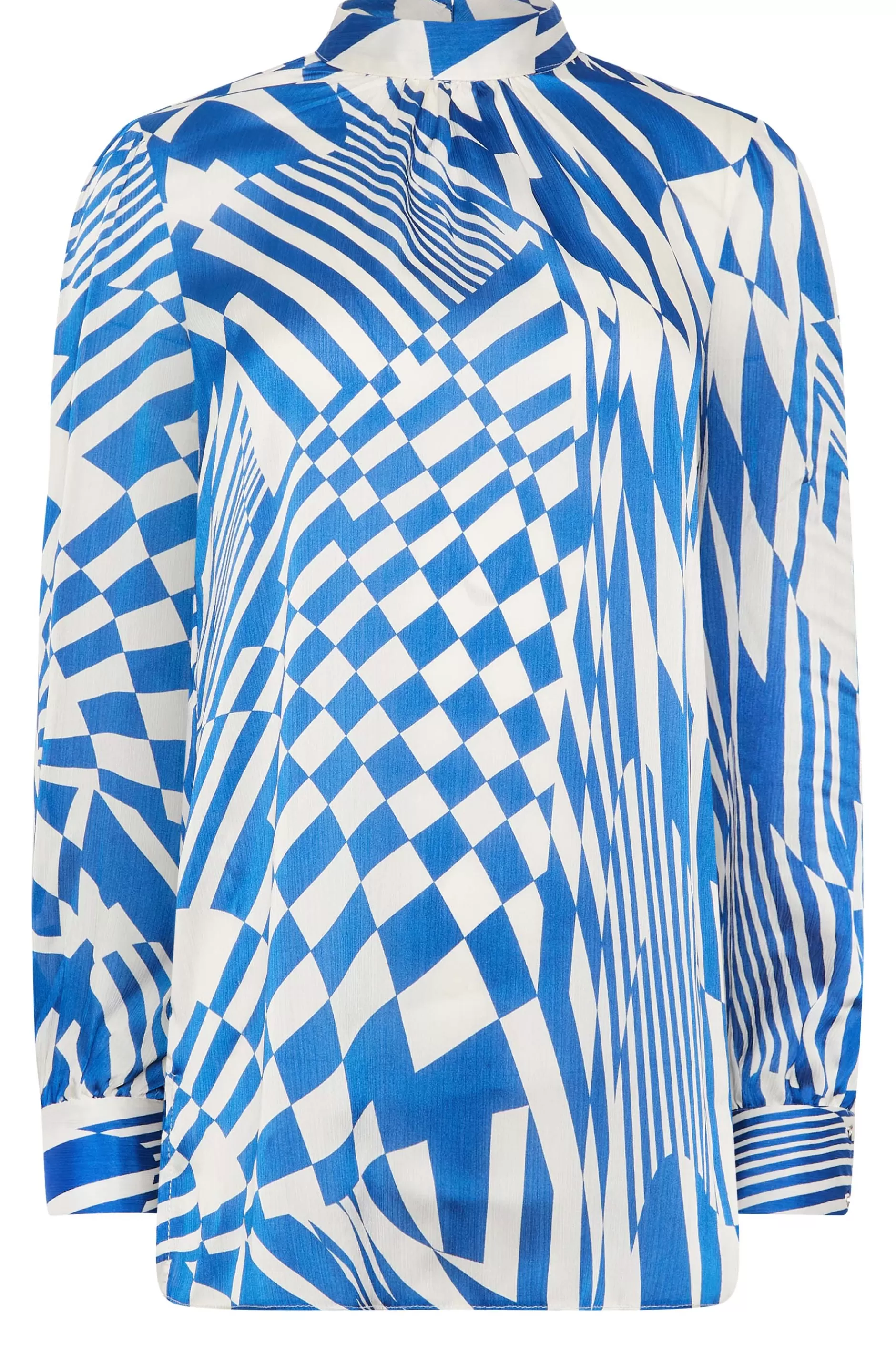 Women M&Co Long Sleeve Tops> Womens Blue Abstract Print High Neck Satin Blouse
