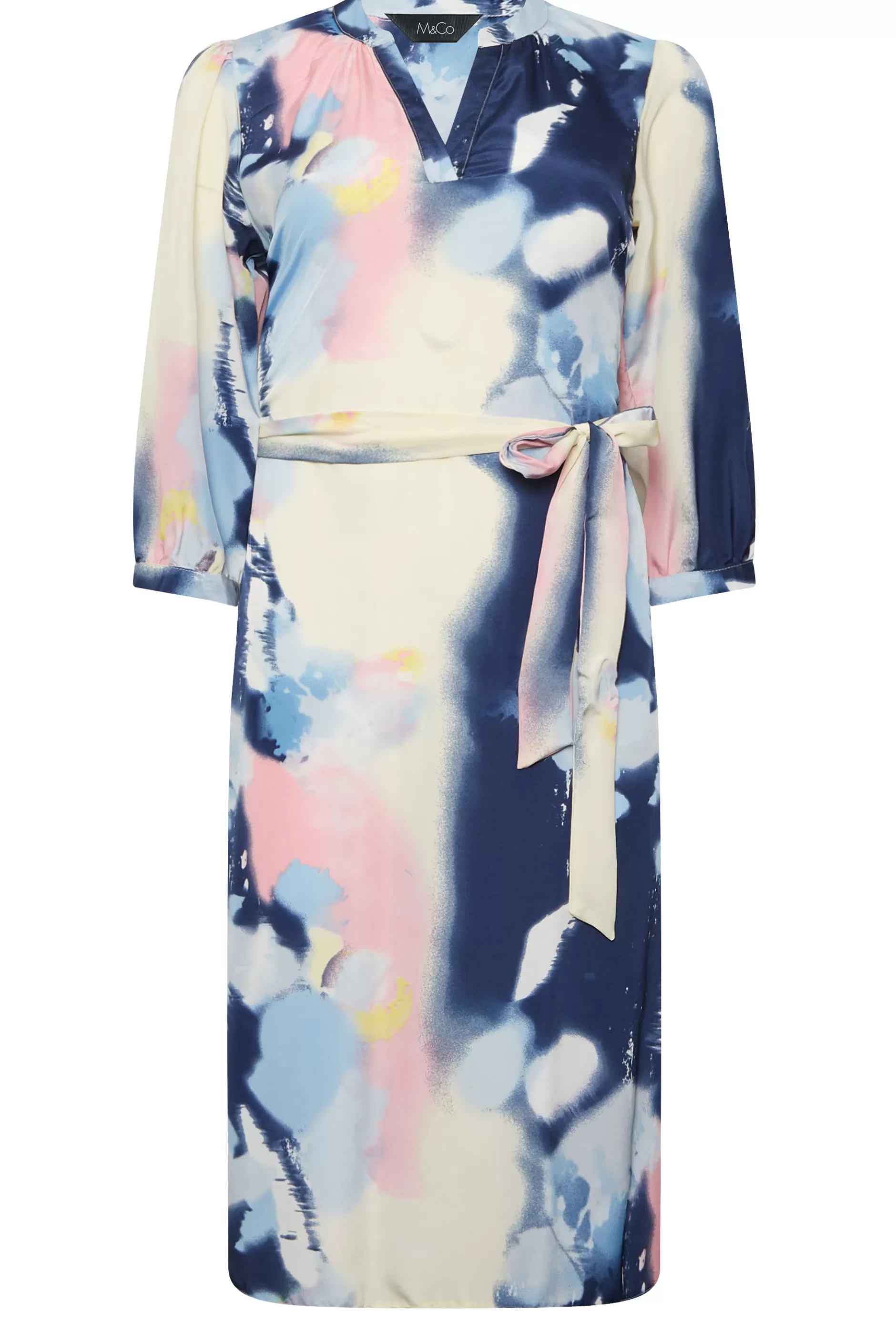 Women M&Co Wedding Guest Dresses> Womens Blue Abstract Print Tie Waist Tunic Dress
