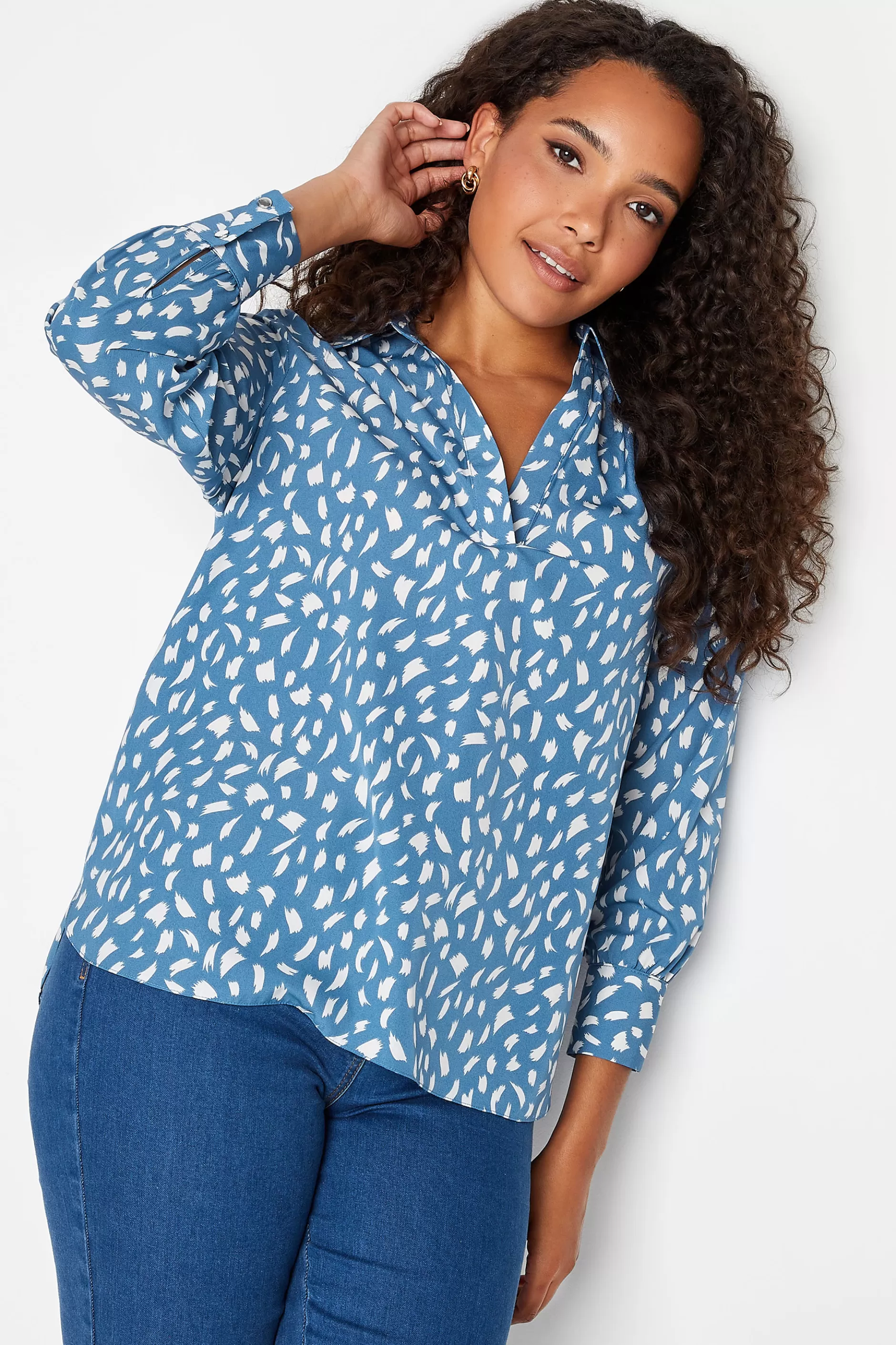 Women M&Co Shirts> Womens Blue Brush Stroke Print Half Placket Shirt