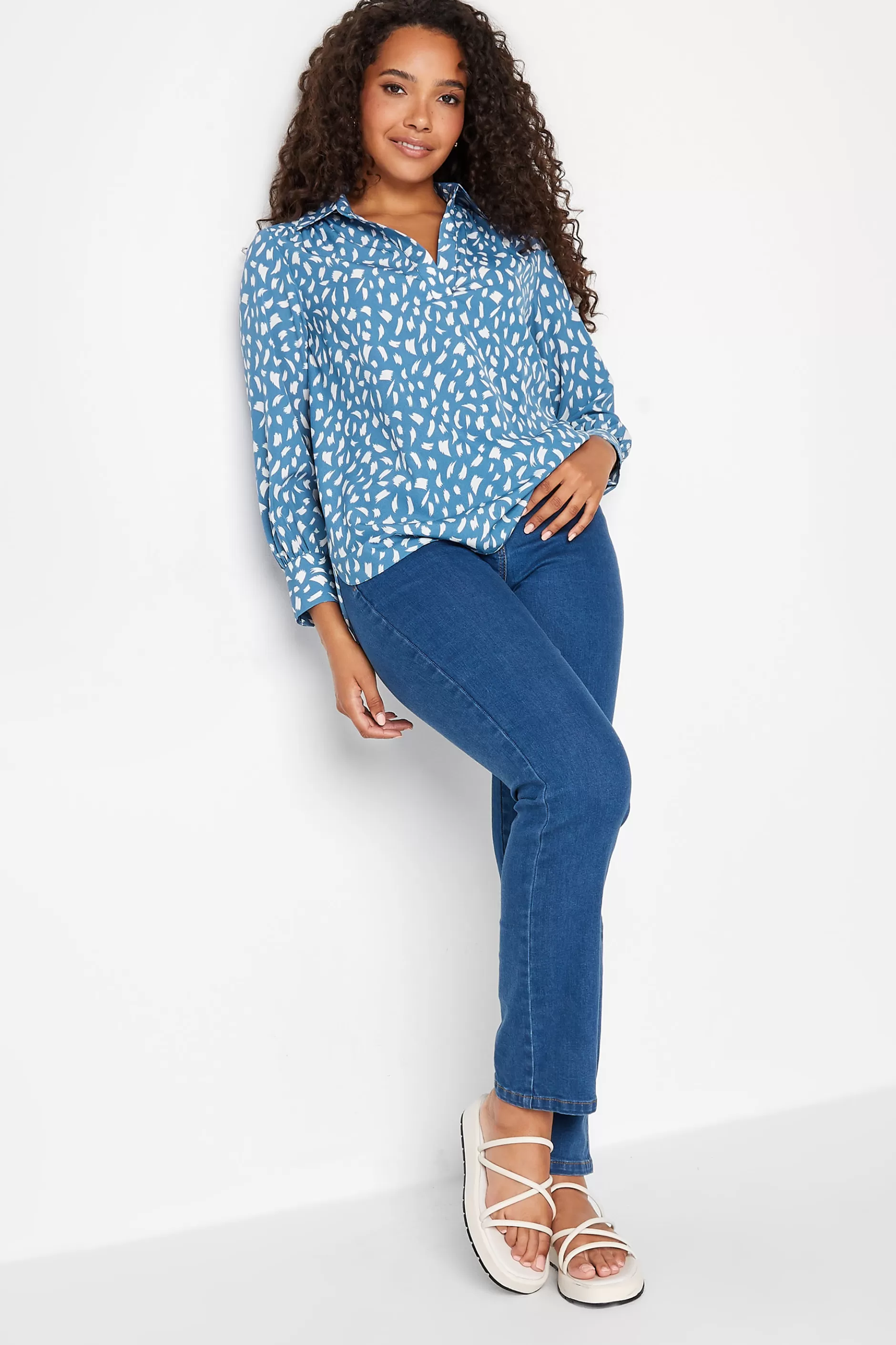 Women M&Co Shirts> Womens Blue Brush Stroke Print Half Placket Shirt