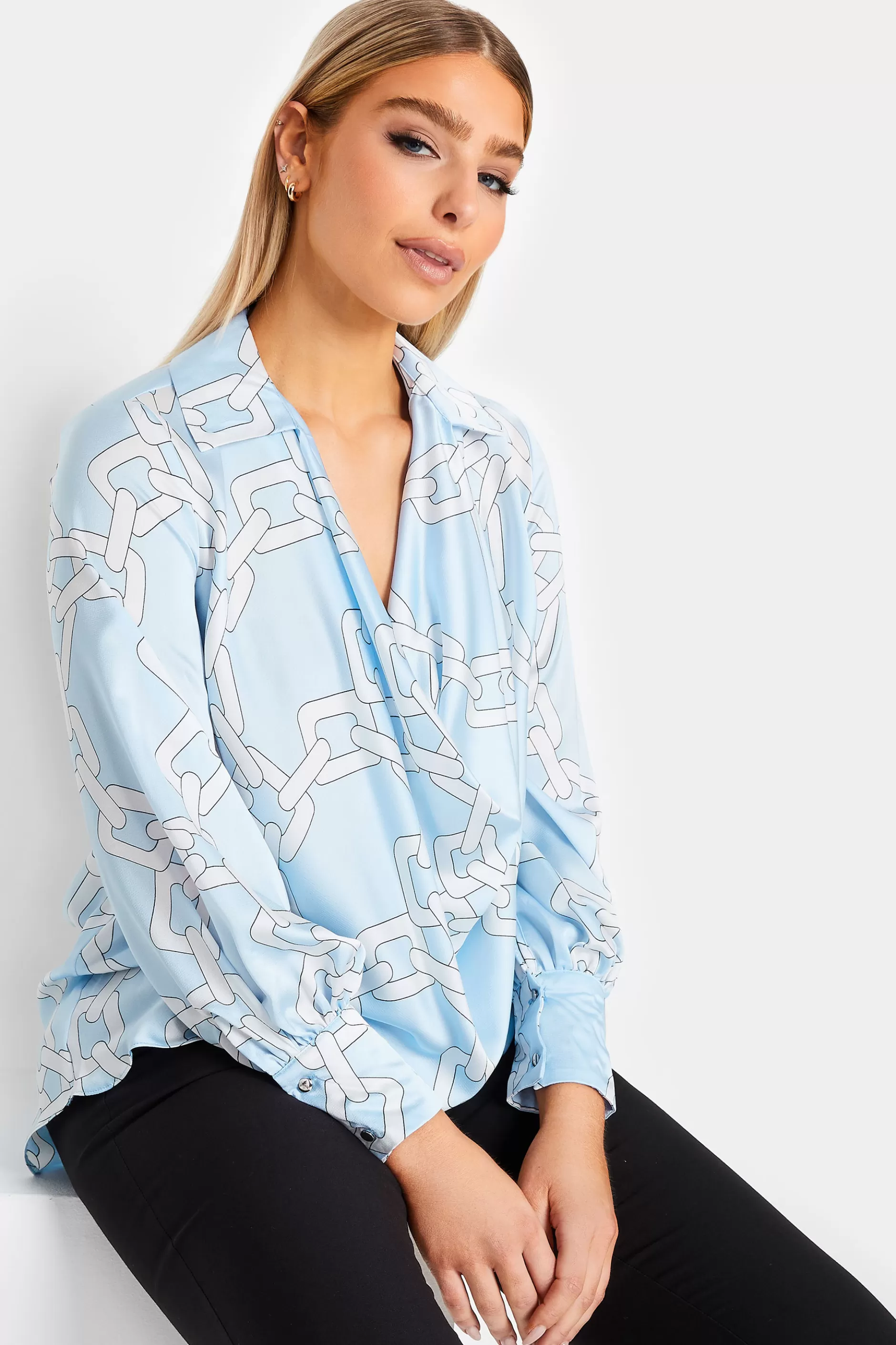 Women M&Co Long Sleeve Tops> Womens Blue Chain Print Cowl Neck Satin Blouse