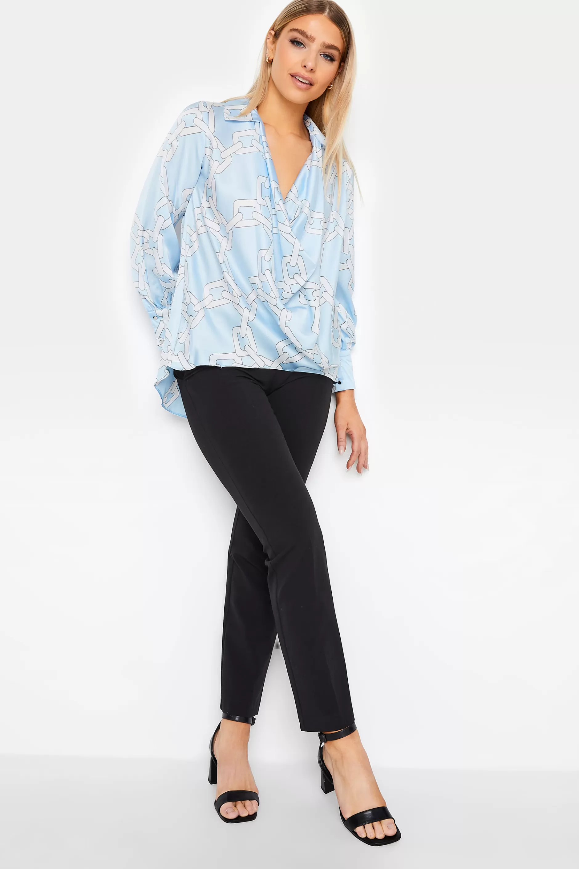 Women M&Co Long Sleeve Tops> Womens Blue Chain Print Cowl Neck Satin Blouse