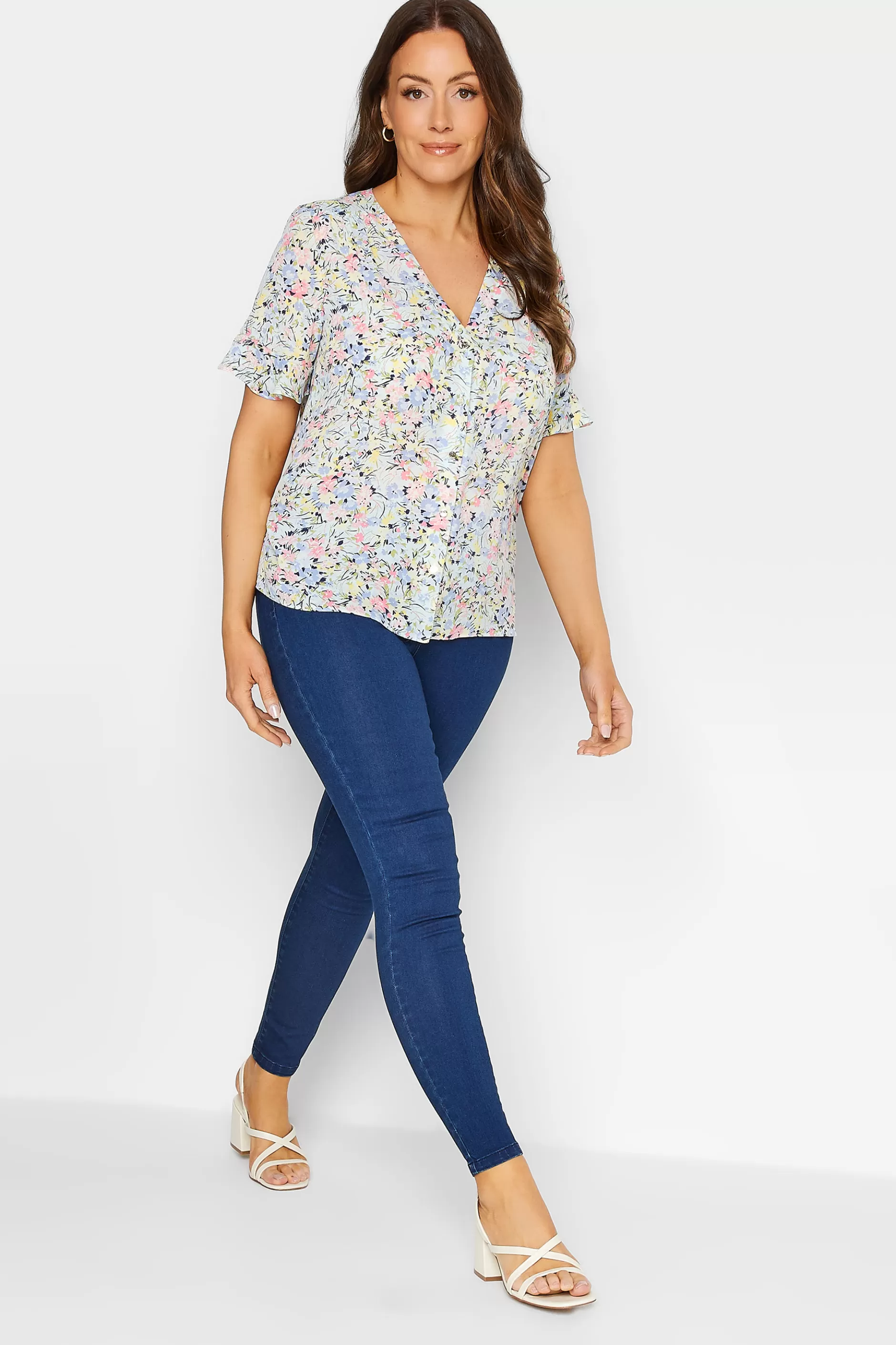 Women M&Co Shirts> Womens Blue Floral Print Frill Sleeve Blouse