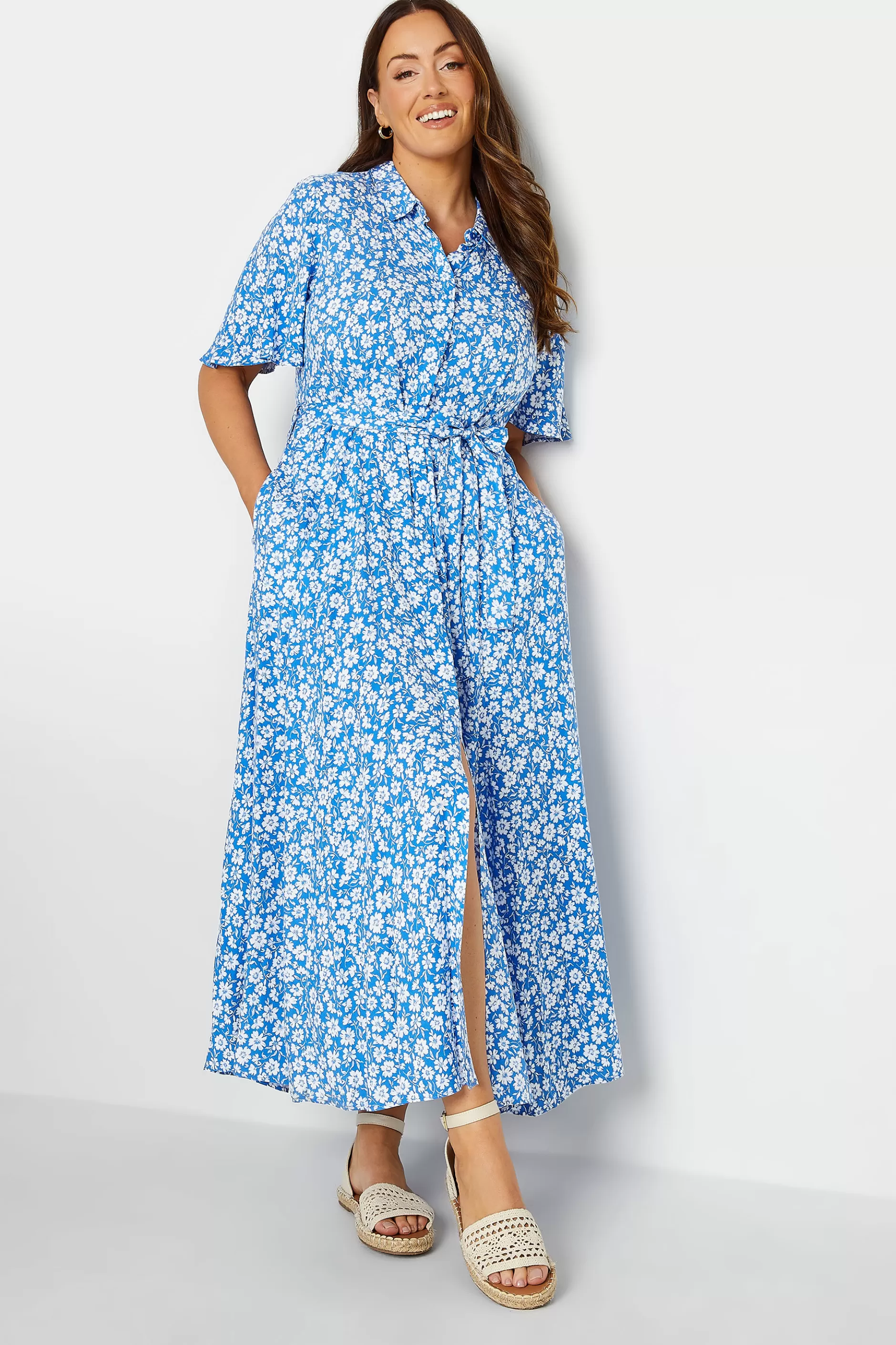Women M&Co Shirt Dresses> Womens Blue Floral Print Maxi Shirt Dress