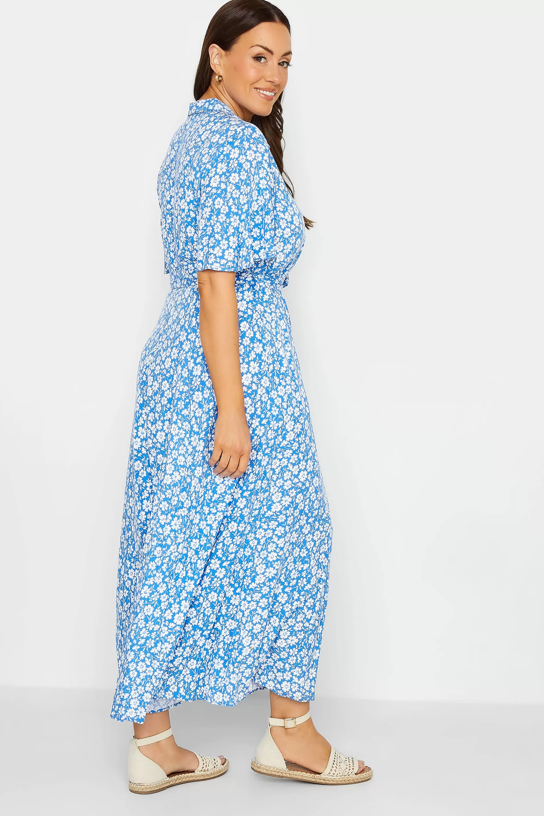 Women M&Co Shirt Dresses> Womens Blue Floral Print Maxi Shirt Dress