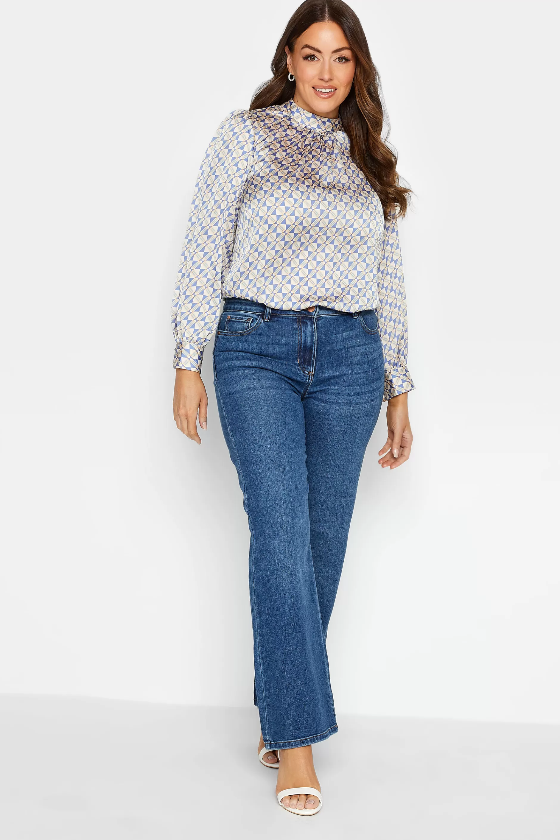 Women M&Co Long Sleeve Tops> Womens Blue Geometric Print High Neck Satin Blouse