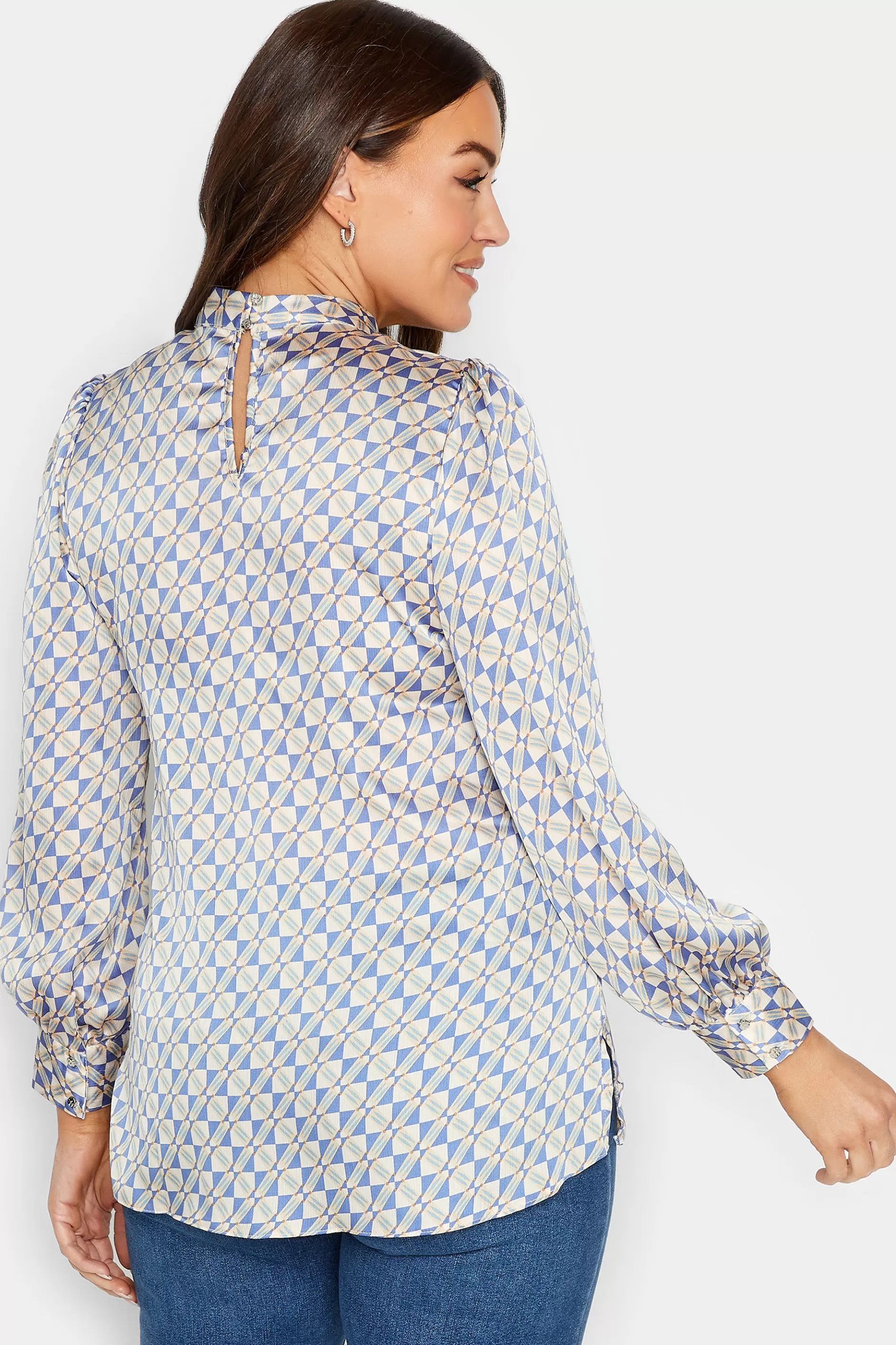 Women M&Co Long Sleeve Tops> Womens Blue Geometric Print High Neck Satin Blouse