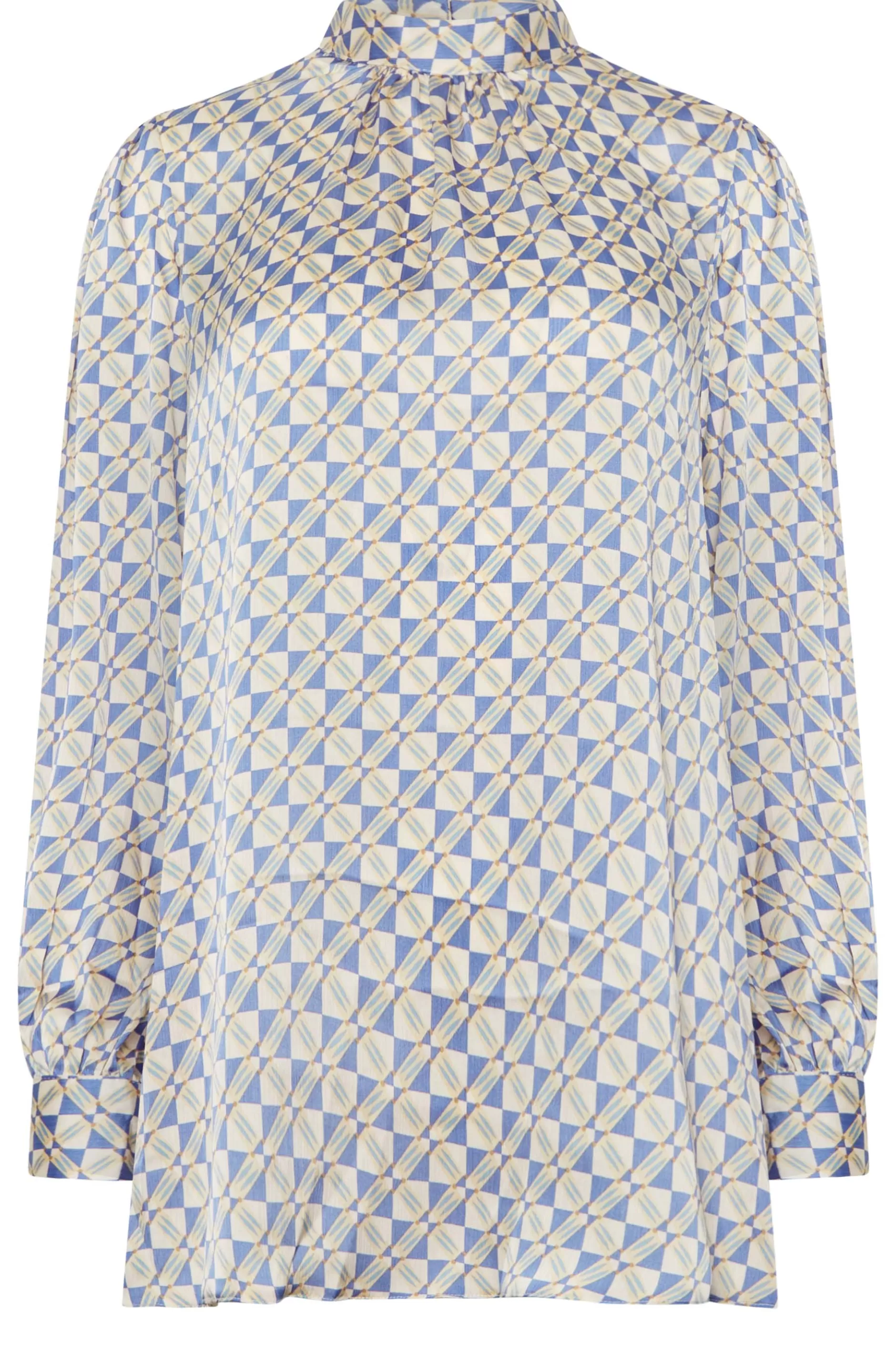 Women M&Co Long Sleeve Tops> Womens Blue Geometric Print High Neck Satin Blouse