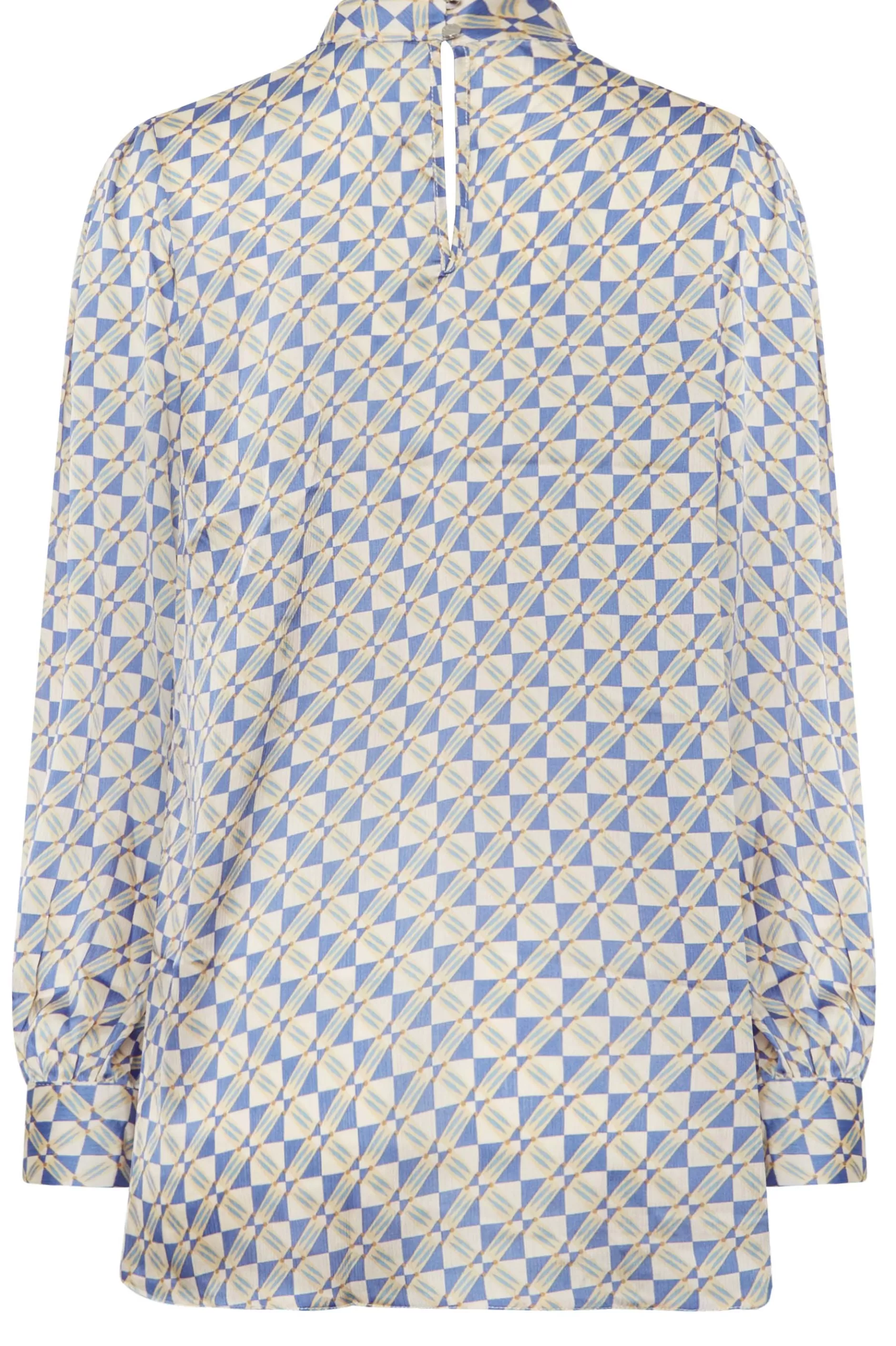 Women M&Co Long Sleeve Tops> Womens Blue Geometric Print High Neck Satin Blouse
