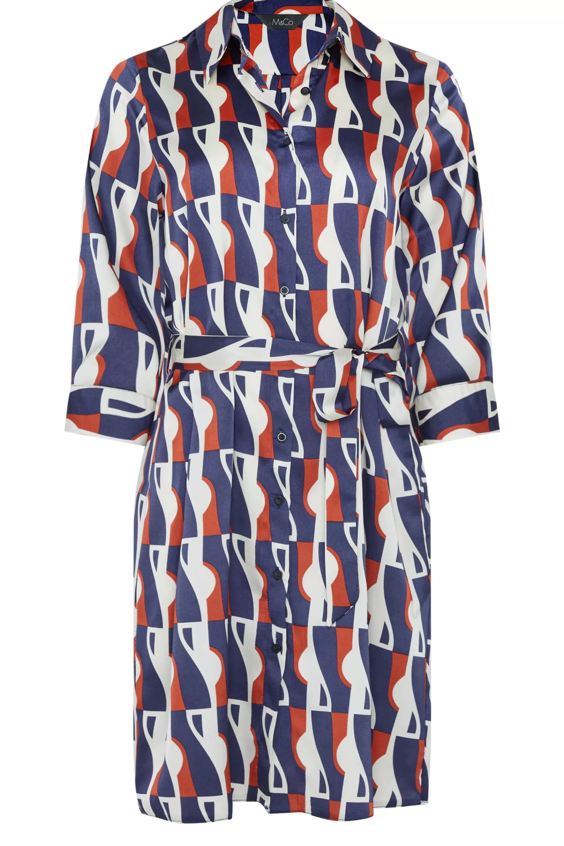 Women M&Co Shirt Dresses> Womens Blue Geometric Print Satin Shirt Dress