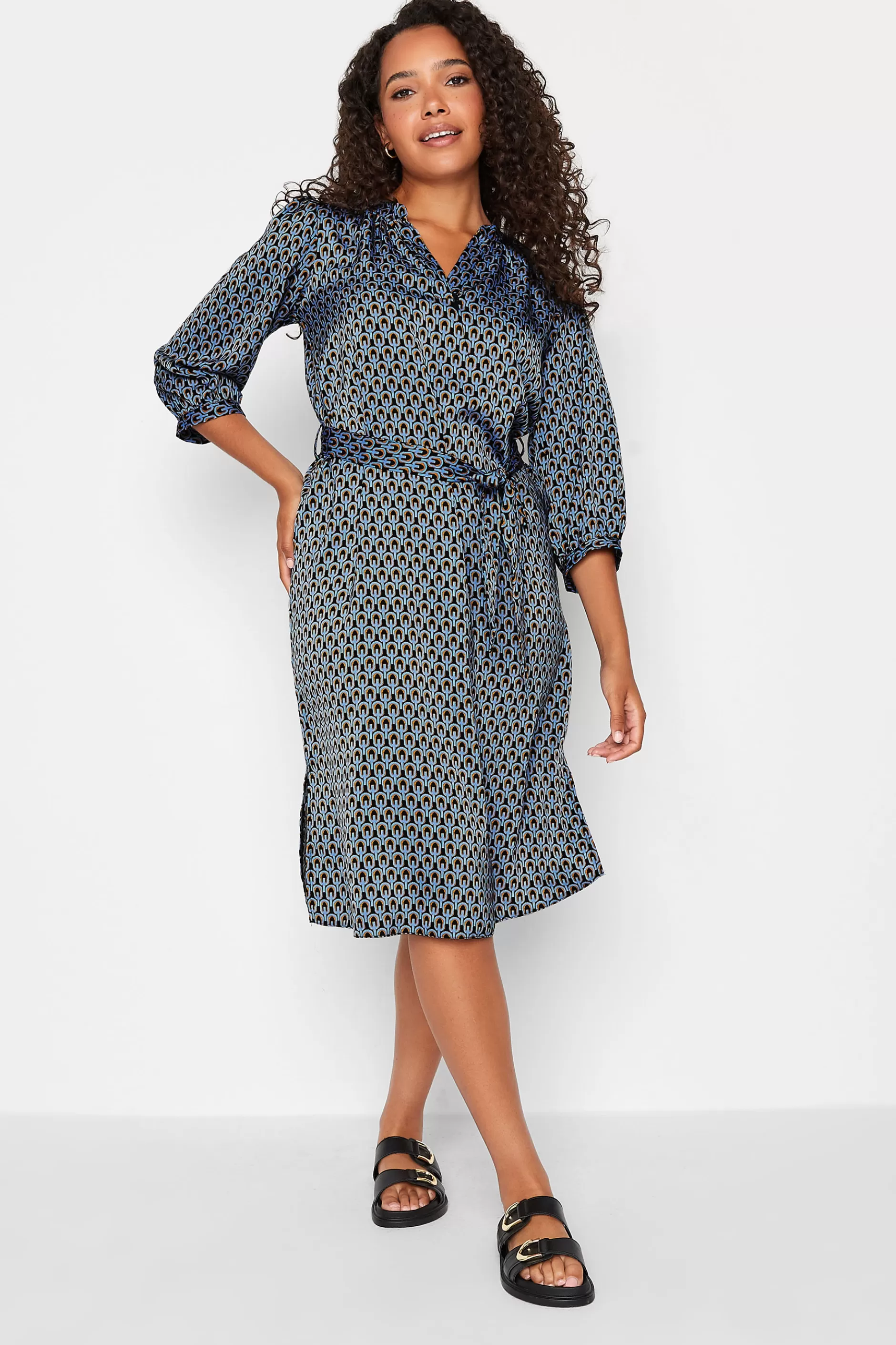 Women M&Co Shirt Dresses> Womens Blue Geometric Print Tunic Dress