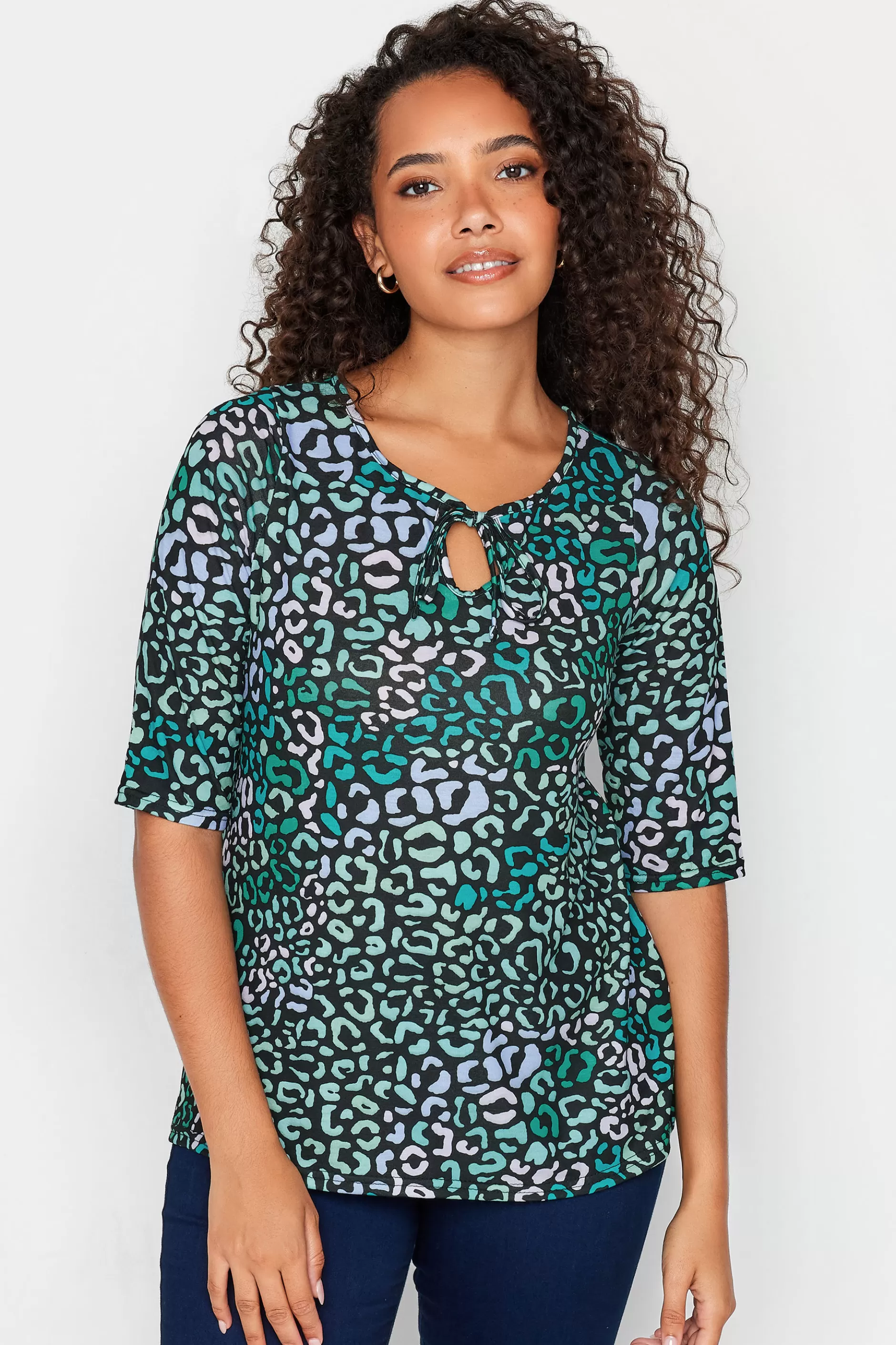 Women M&Co Long Sleeve Tops> Womens Blue Leopard Print Tie Front Top