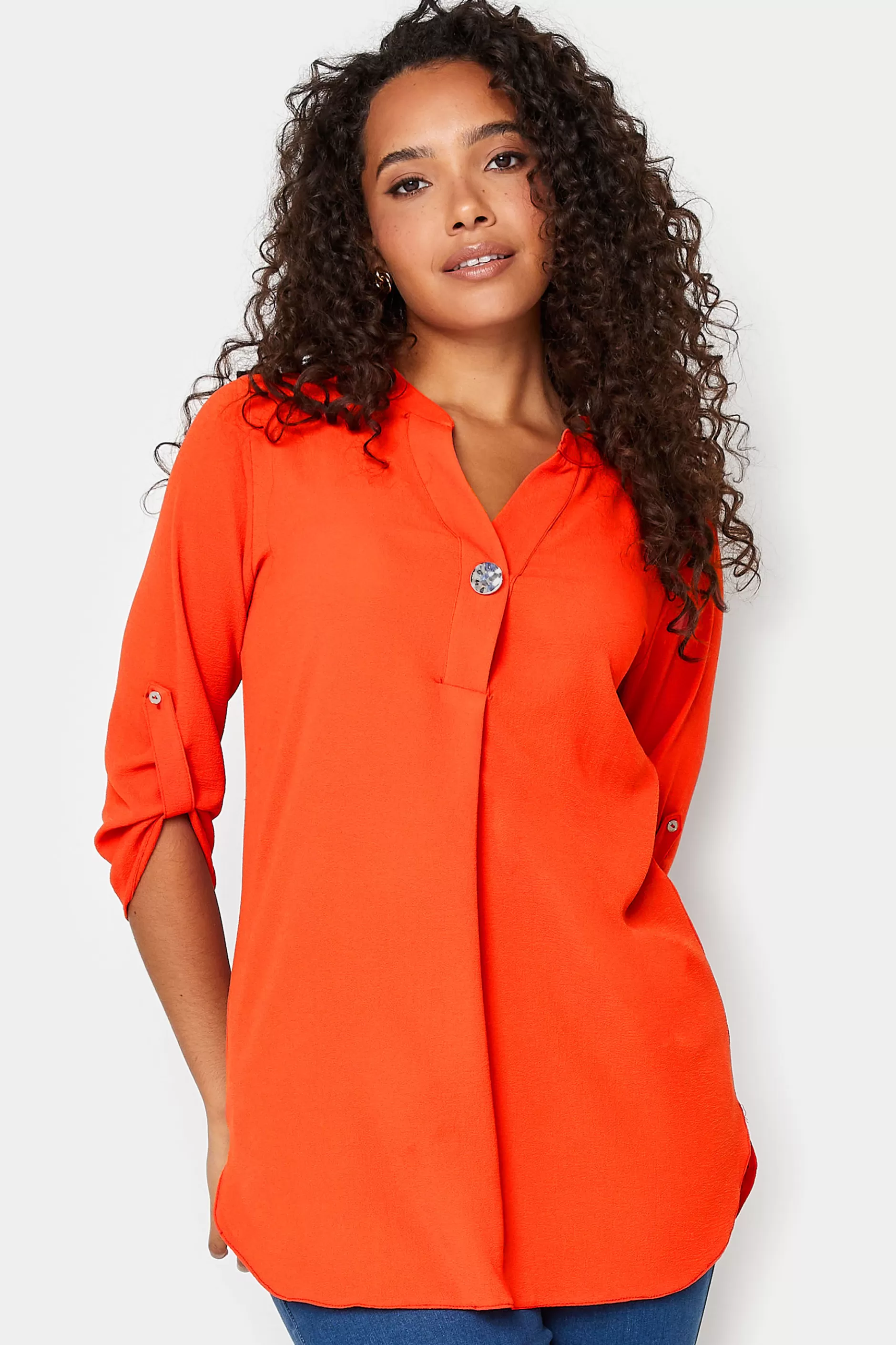 Women M&Co Shirts> Womens Bright Orange Statement Button Tab Sleeve Shirt