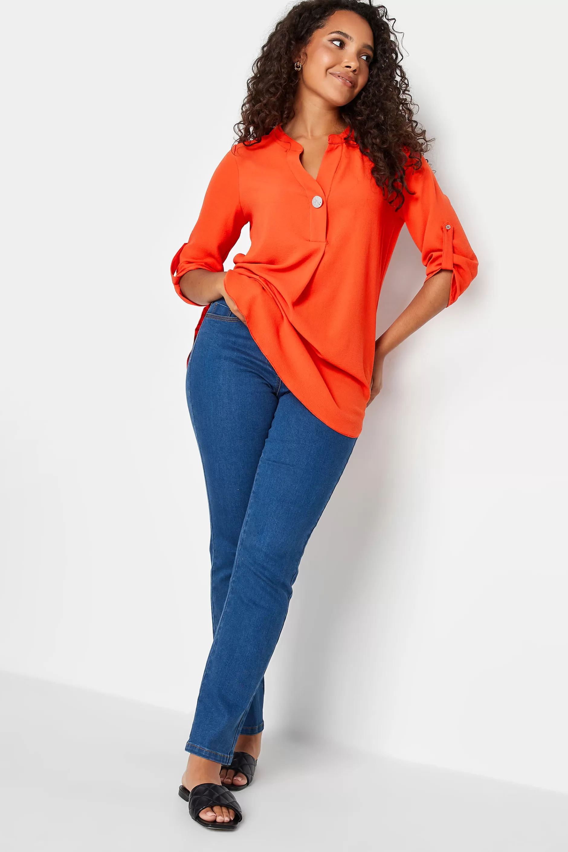 Women M&Co Shirts> Womens Bright Orange Statement Button Tab Sleeve Shirt
