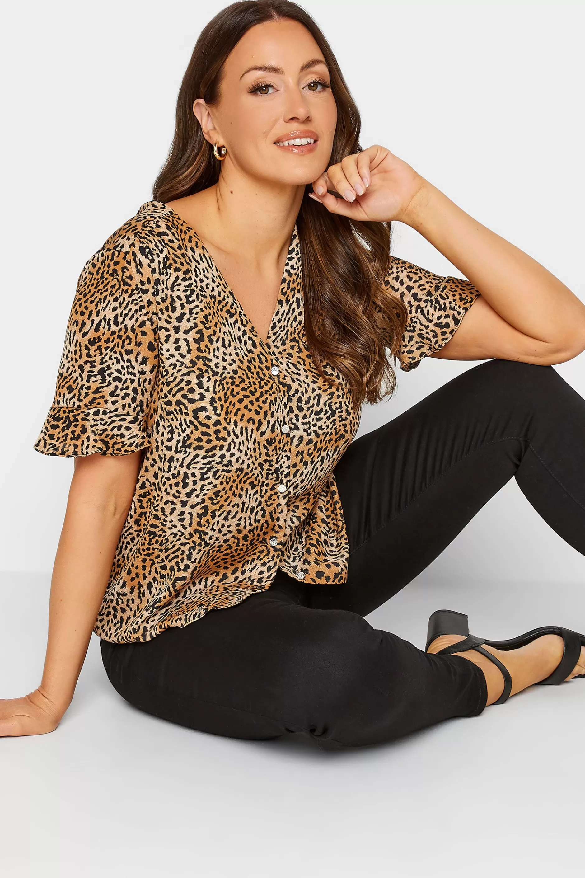 Women M&Co Short Sleeve Tops> Womens Brown Animal Print Frill Sleeve Button Through Blouse