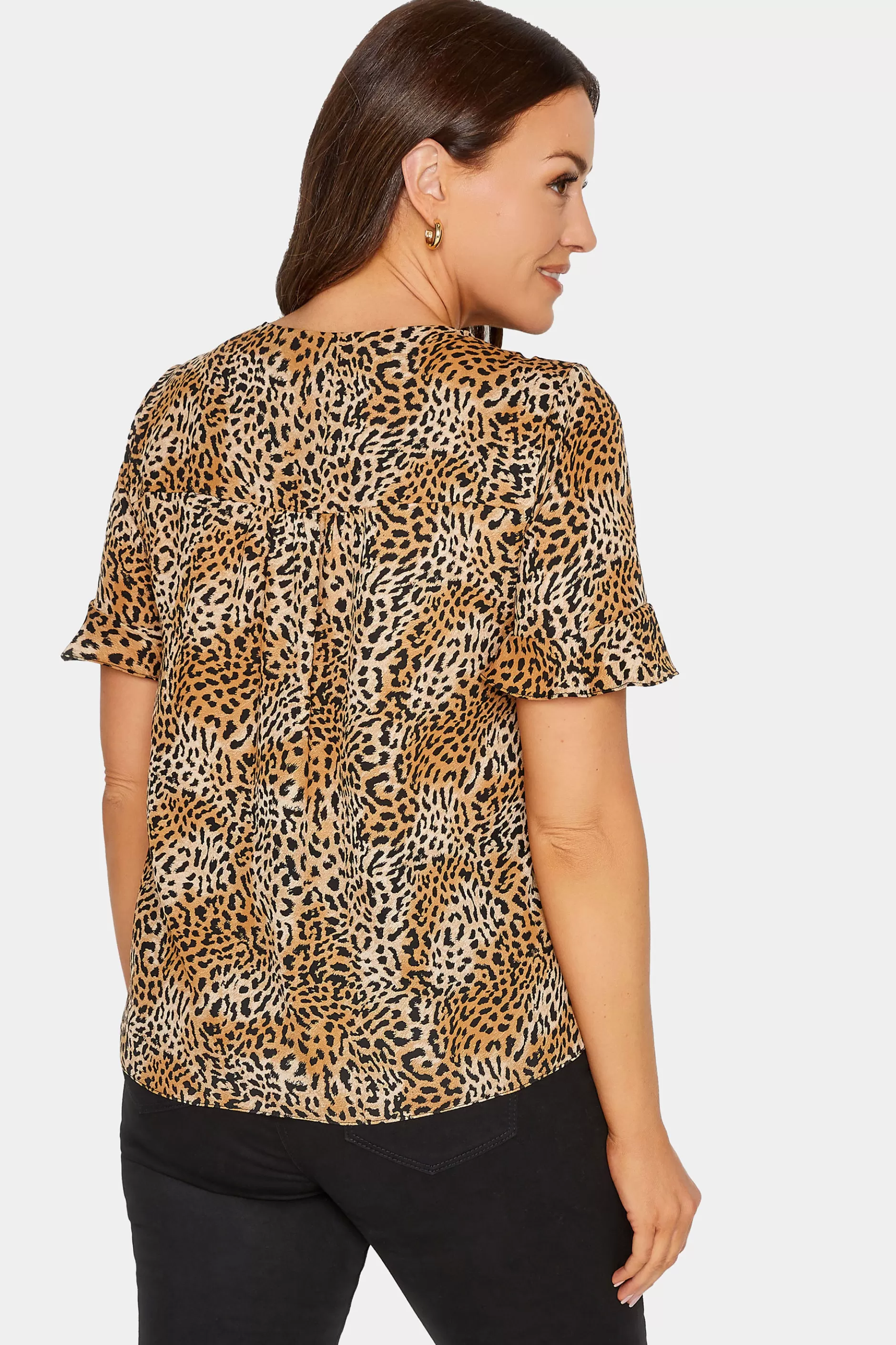 Women M&Co Short Sleeve Tops> Womens Brown Animal Print Frill Sleeve Button Through Blouse