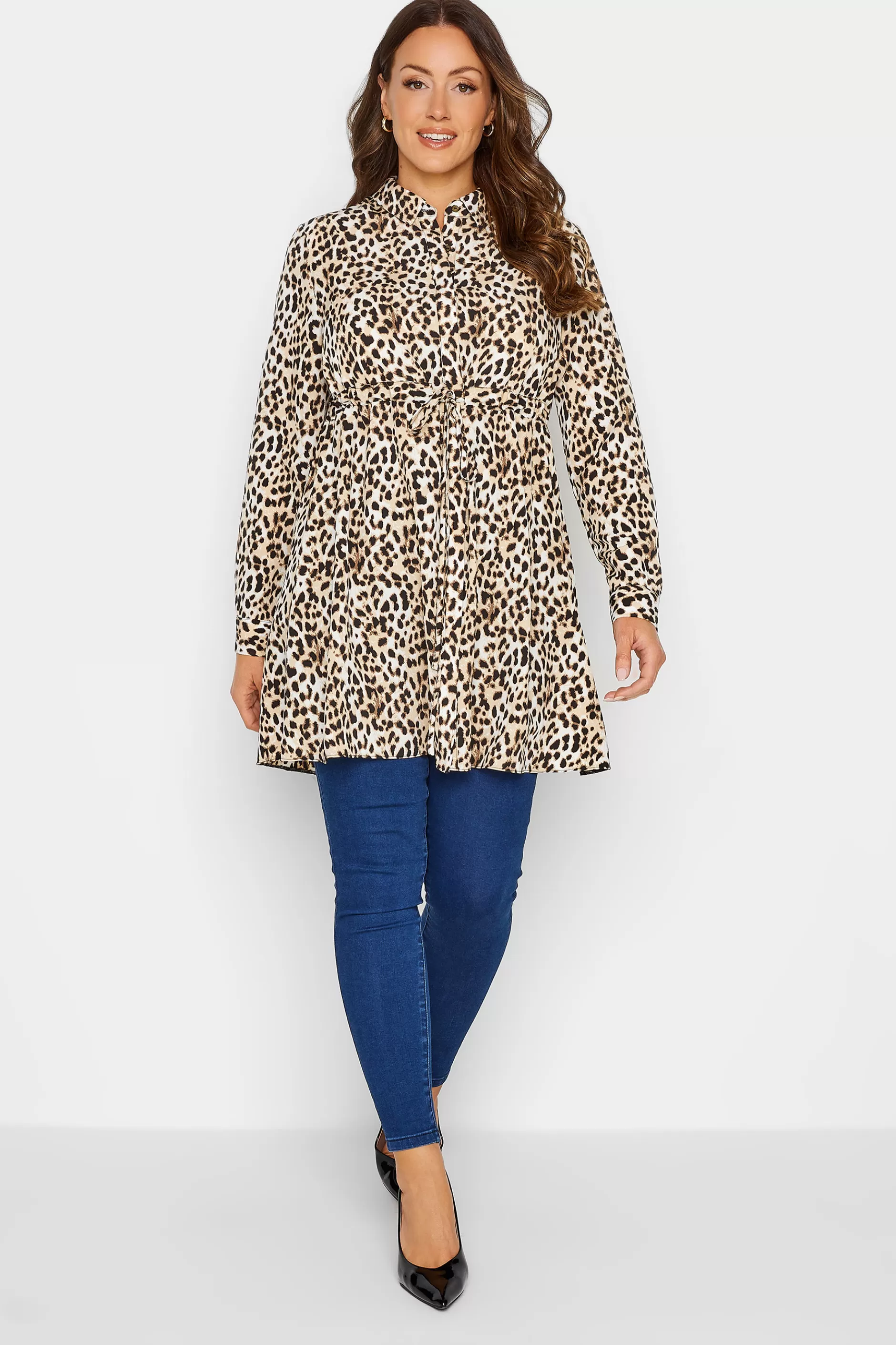 Women M&Co Shirts> Womens Brown Animal Print Tie Waist Tunic Shirt
