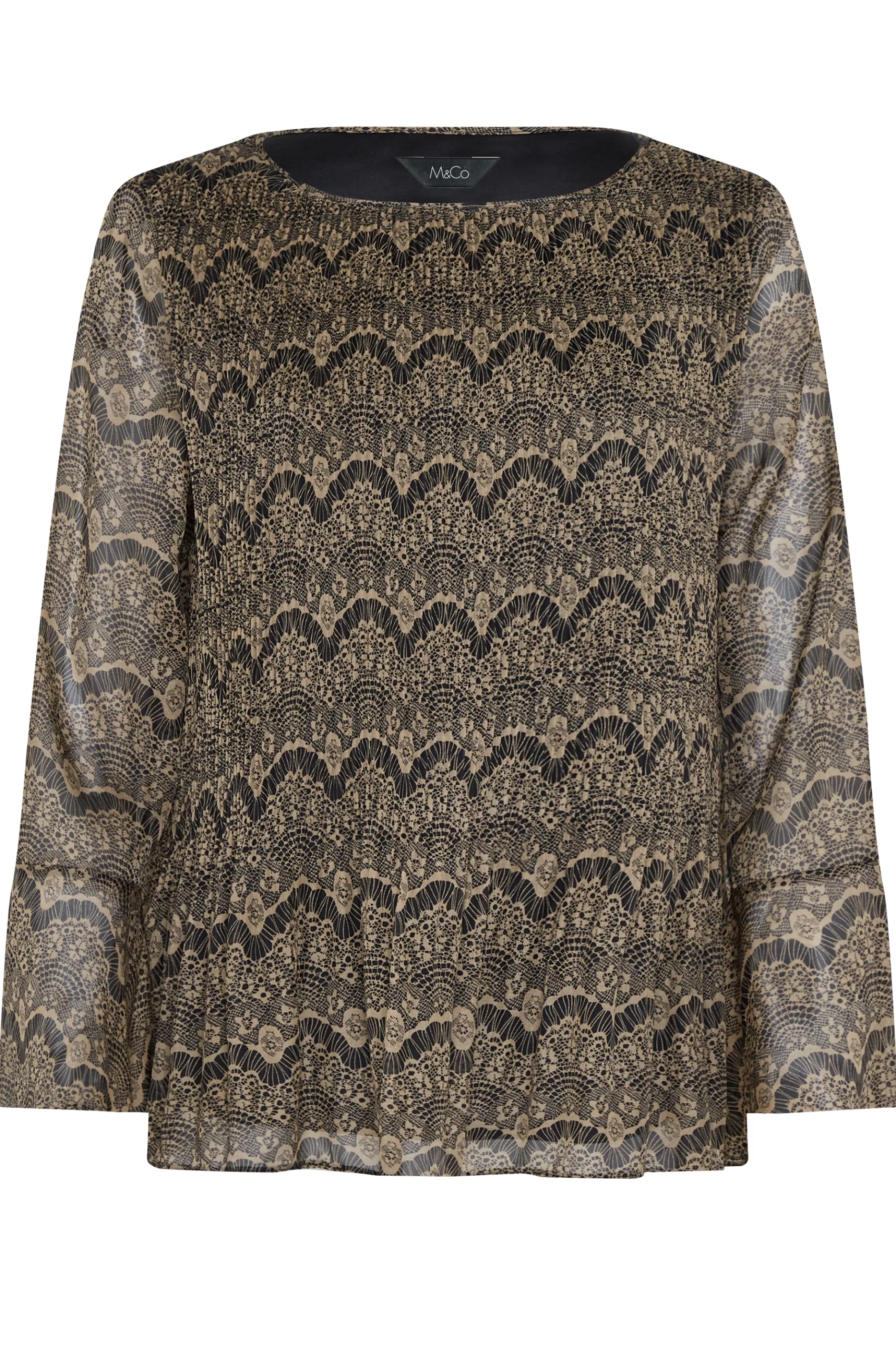 Women M&Co Long Sleeve Tops> Womens Brown Long Sleeve Lace Print Pleat Top