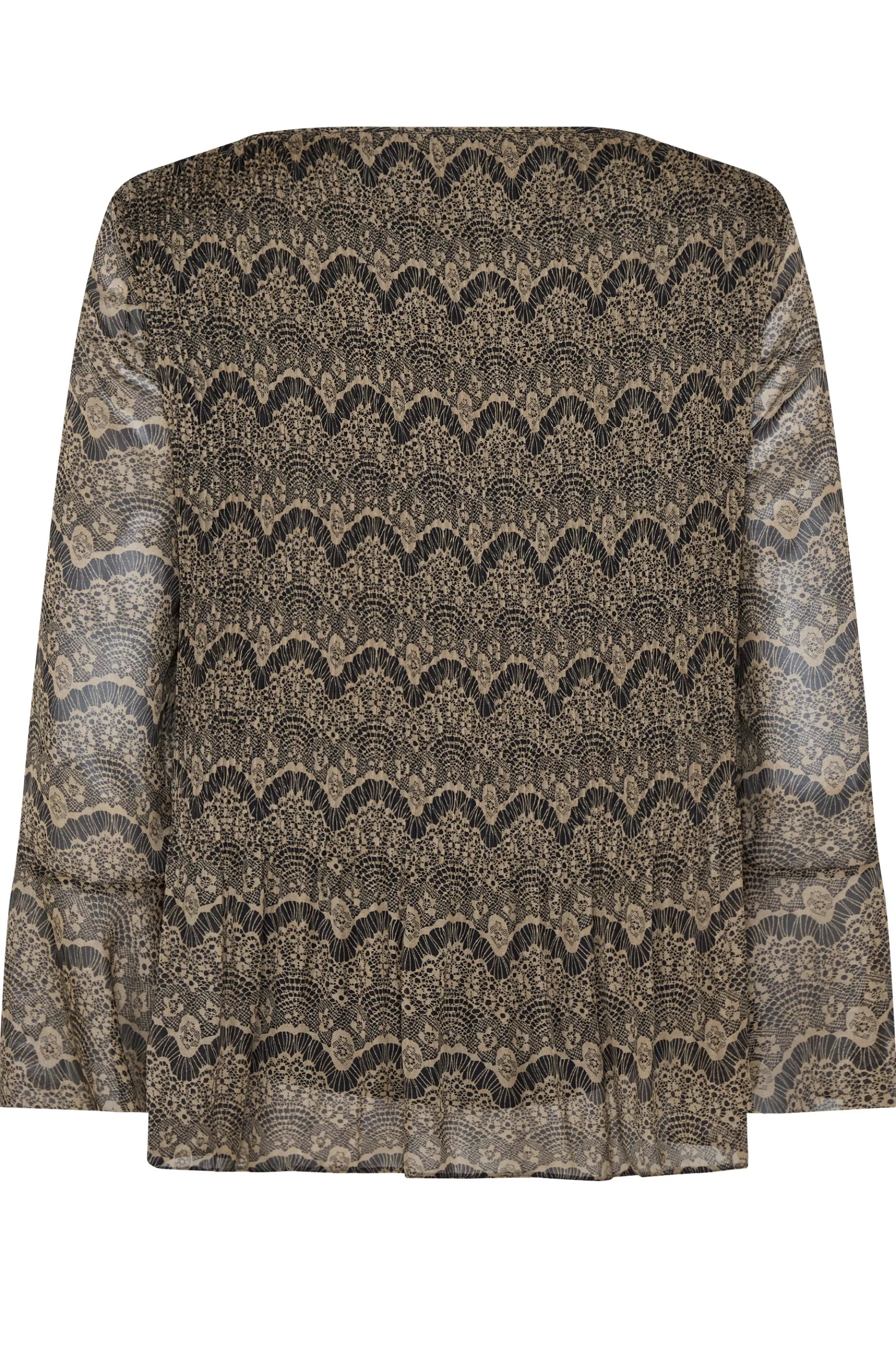 Women M&Co Long Sleeve Tops> Womens Brown Long Sleeve Lace Print Pleat Top