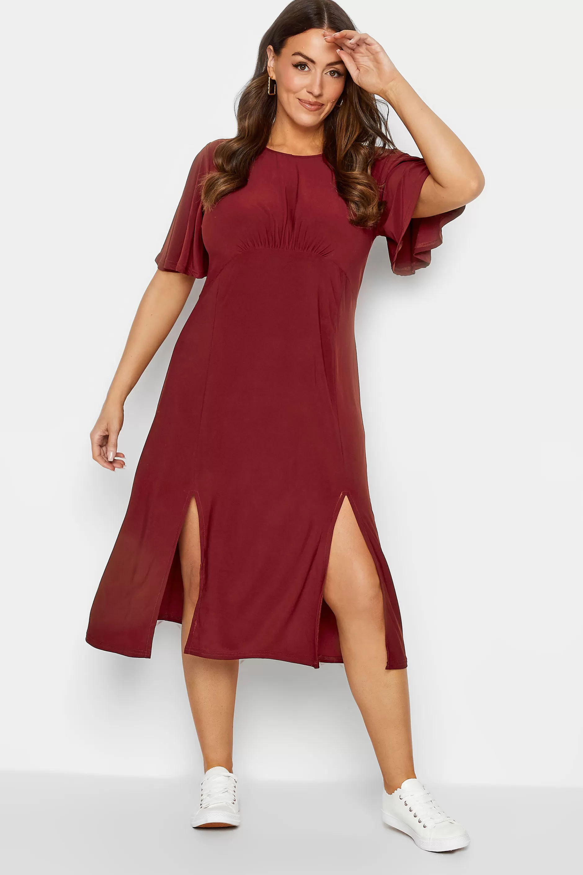 Women M&Co Wedding Guest Dresses> Womens Burgundy Red Angel Sleeve Split Hem Midi Dress