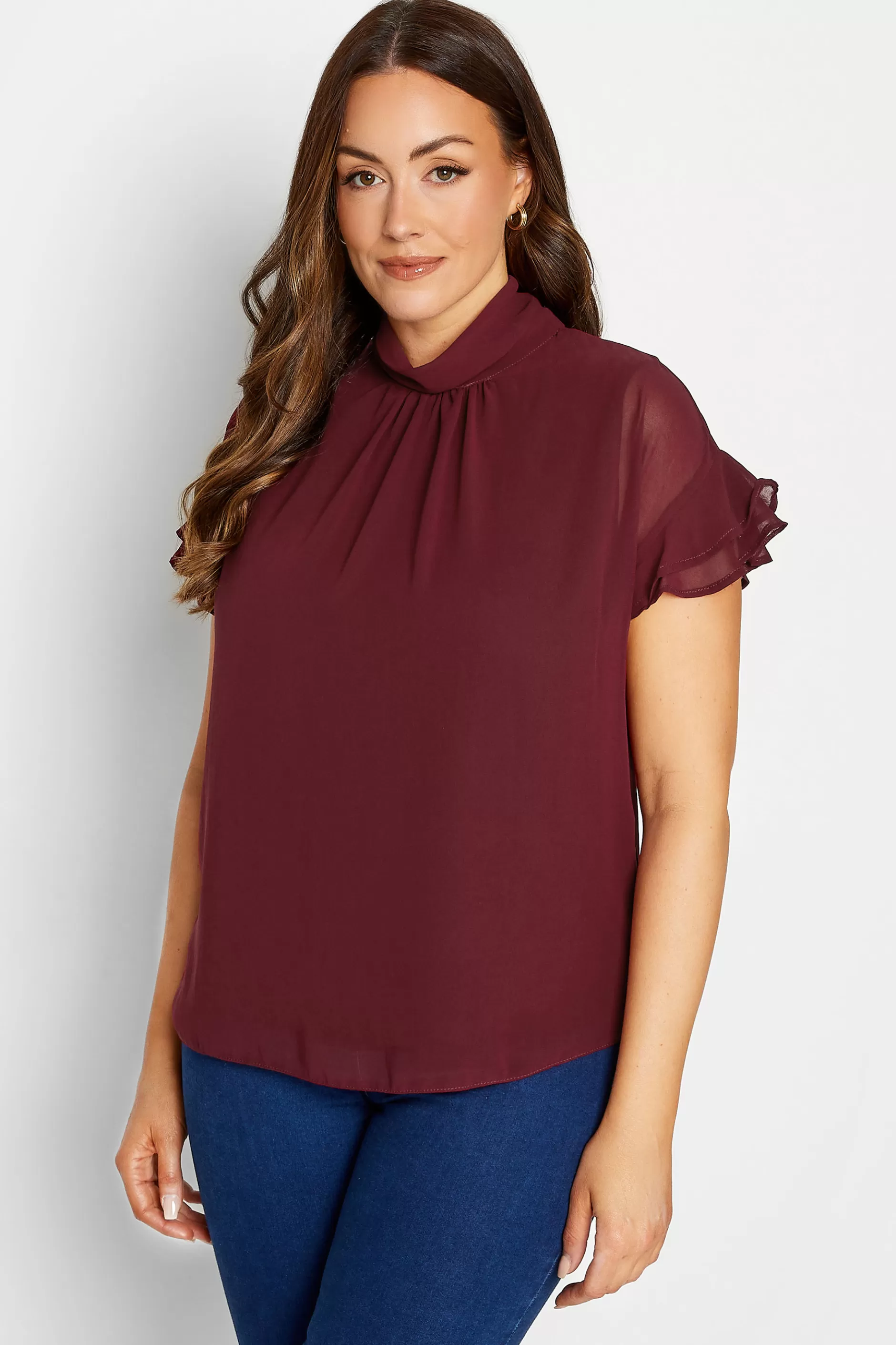 Women M&Co Short Sleeve Tops> Womens Burgundy Red High Neck Frill Sleeve Blouse