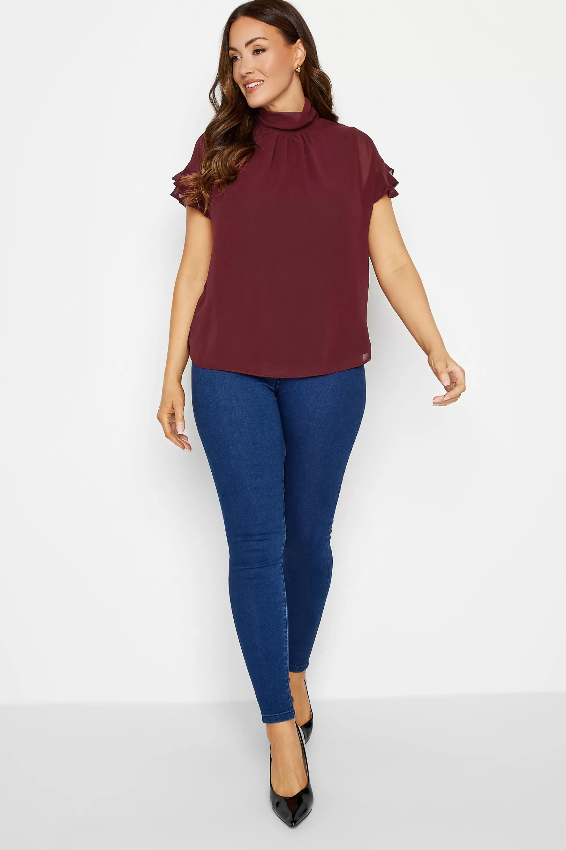 Women M&Co Short Sleeve Tops> Womens Burgundy Red High Neck Frill Sleeve Blouse