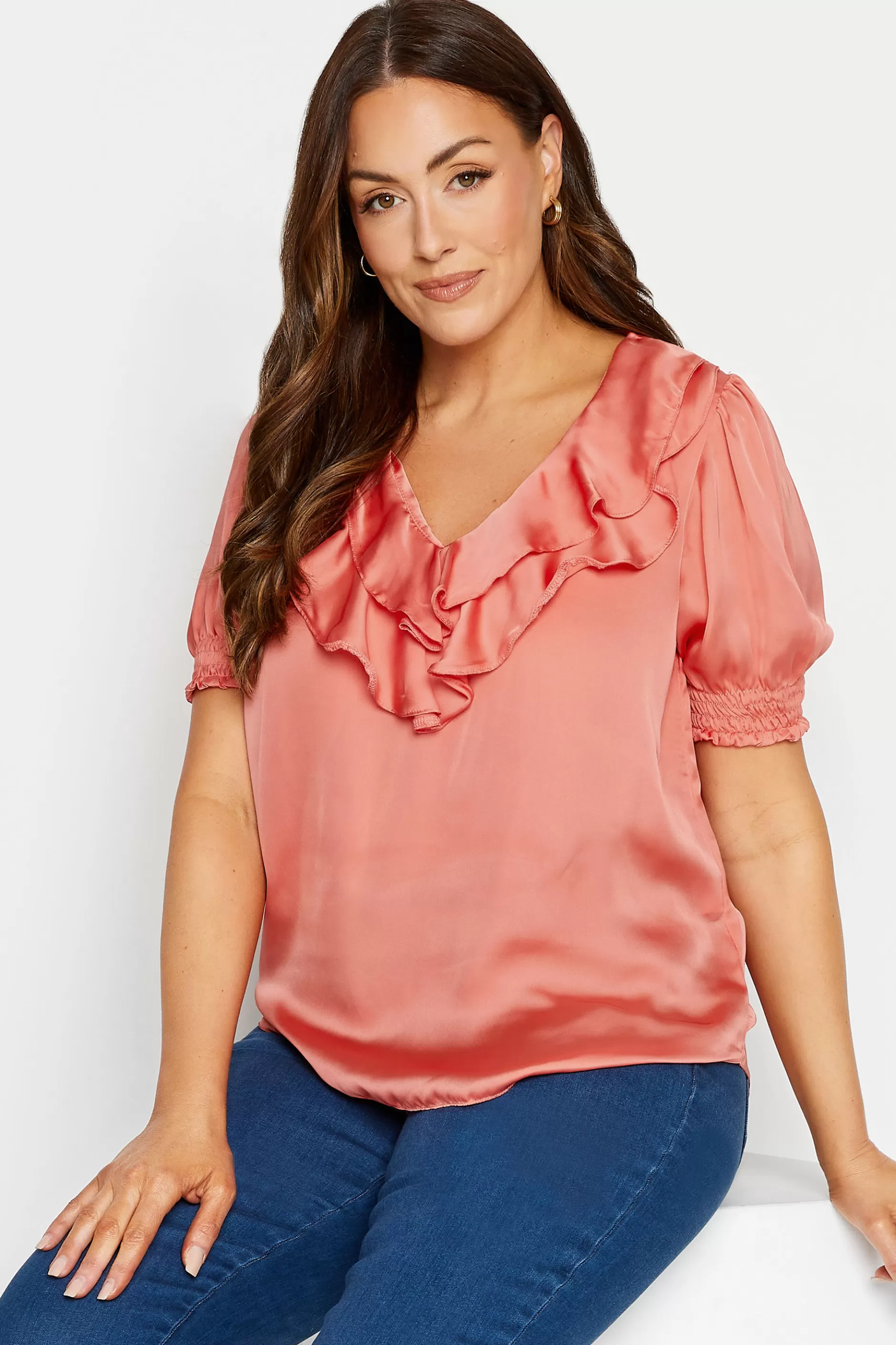 Women M&Co Short Sleeve Tops> Womens Coral Pink Frill Front Blouse