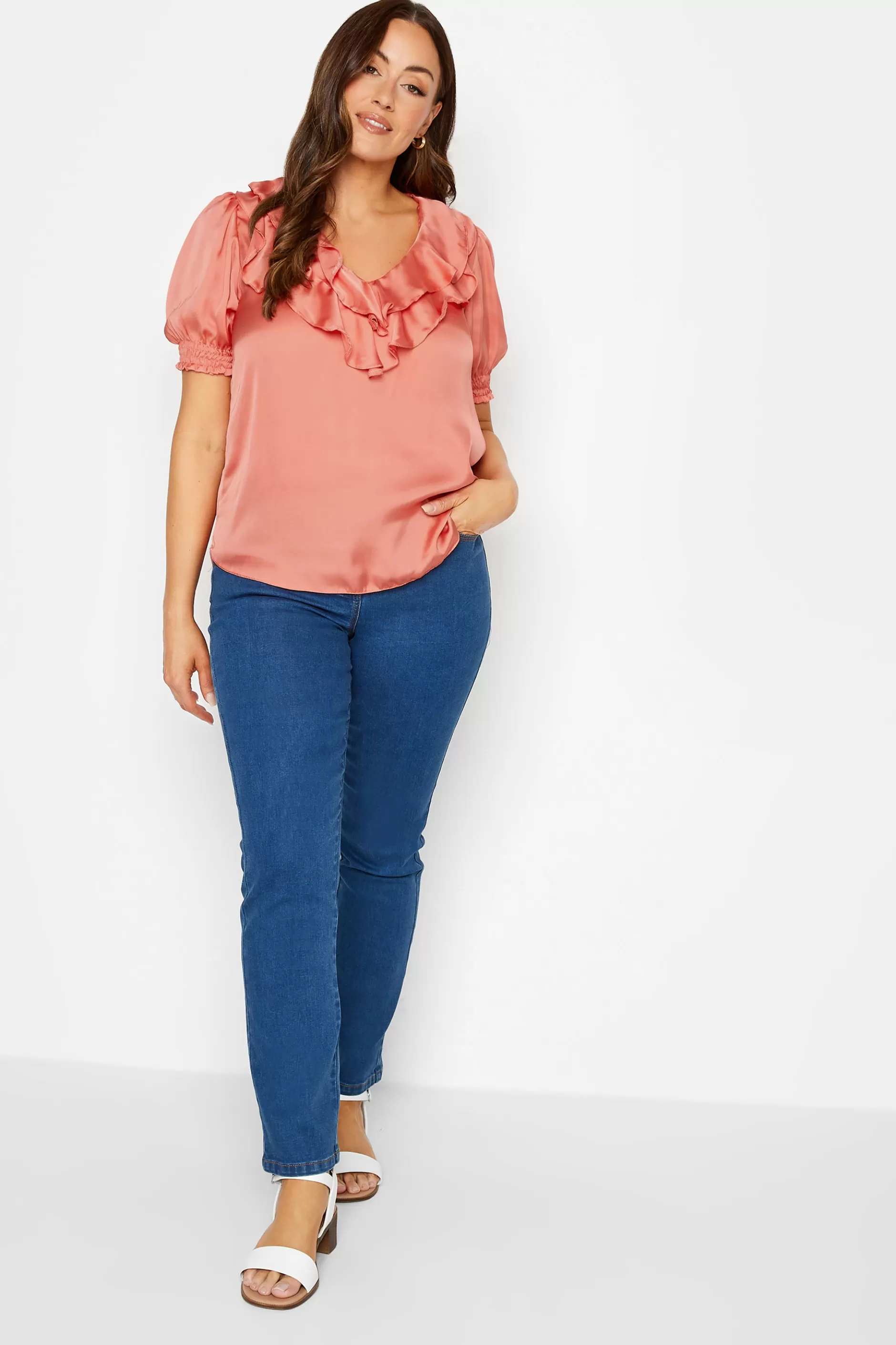Women M&Co Short Sleeve Tops> Womens Coral Pink Frill Front Blouse