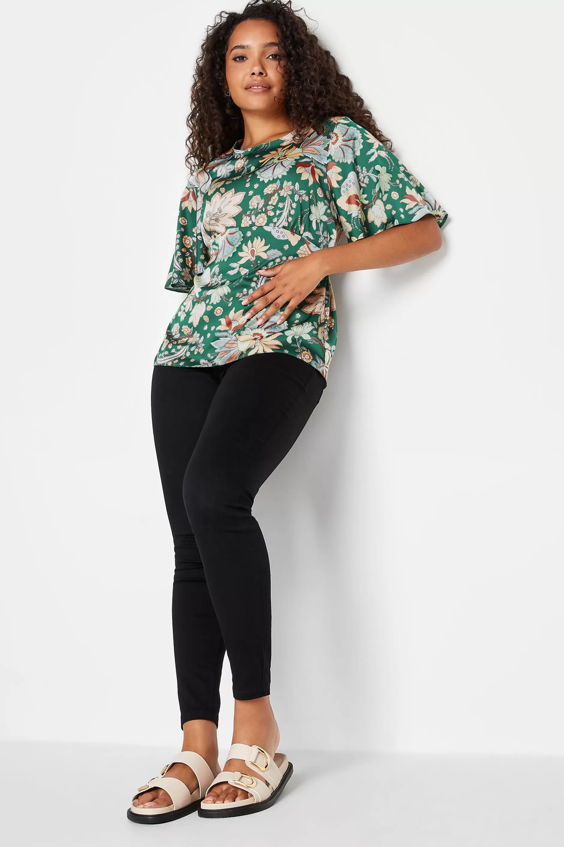 Women M&Co Short Sleeve Tops> Womens Dark Green Floral Tie Back Blouse
